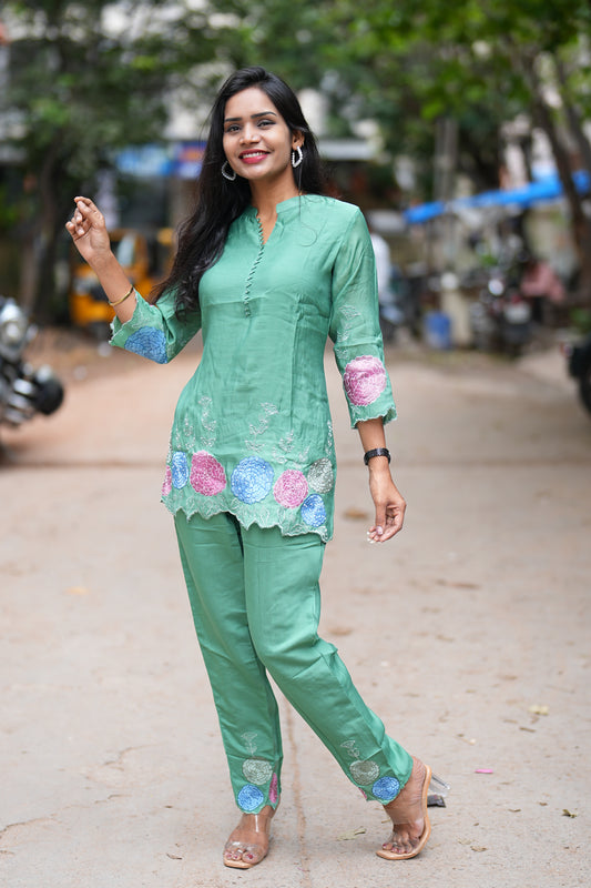 Green Color Designer Wear Mul Chanderi Cord Set