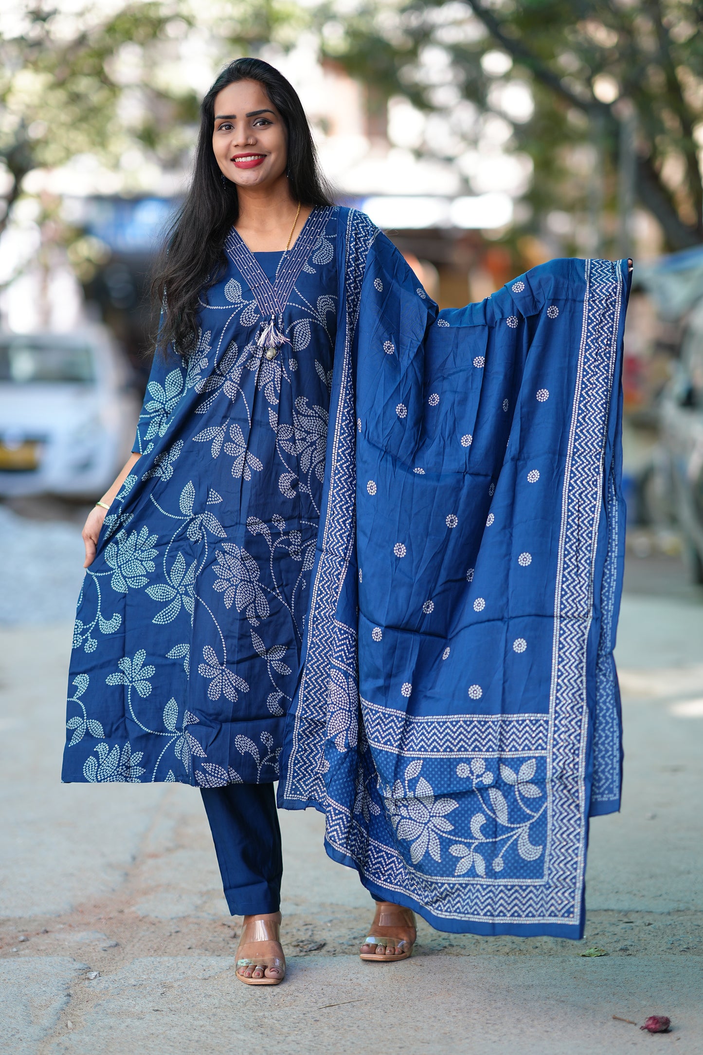 Blue Color Pure Viscose Fabric Anarkali 3 Piece Set