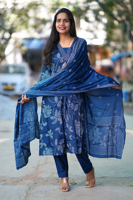 Blue Color Pure Viscose Fabric Anarkali 3 Piece Set