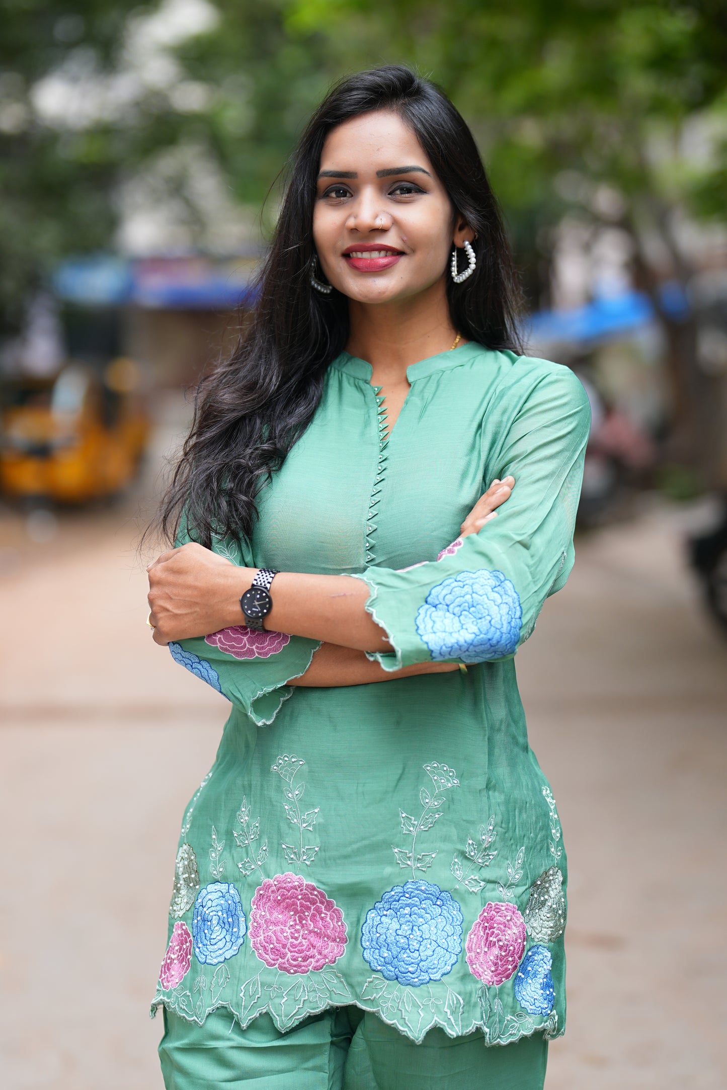 Green Color Designer Wear Mul Chanderi Cord Set