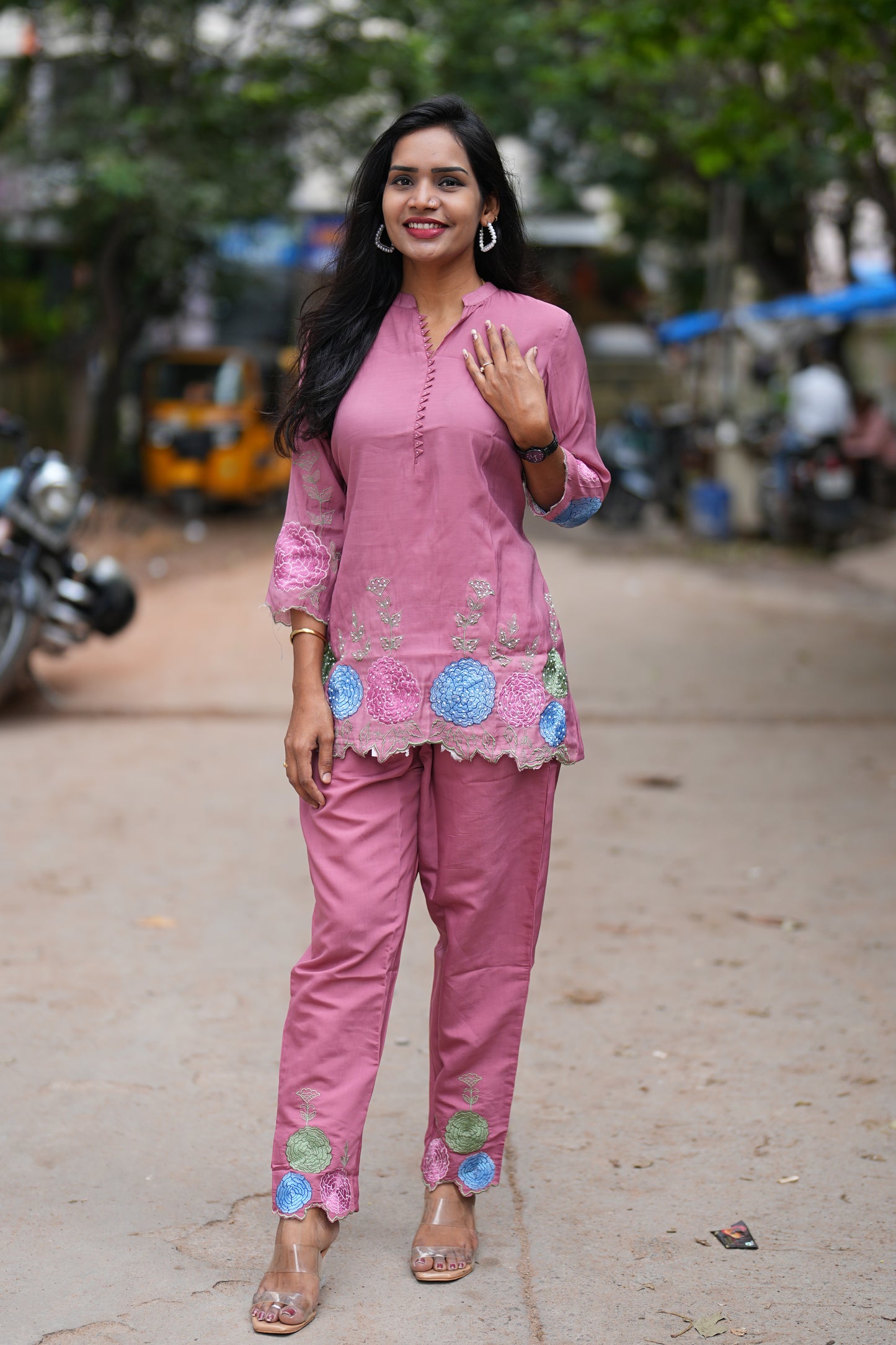 Light Maroon Color Designer Wear Mul Chanderi Cord Set