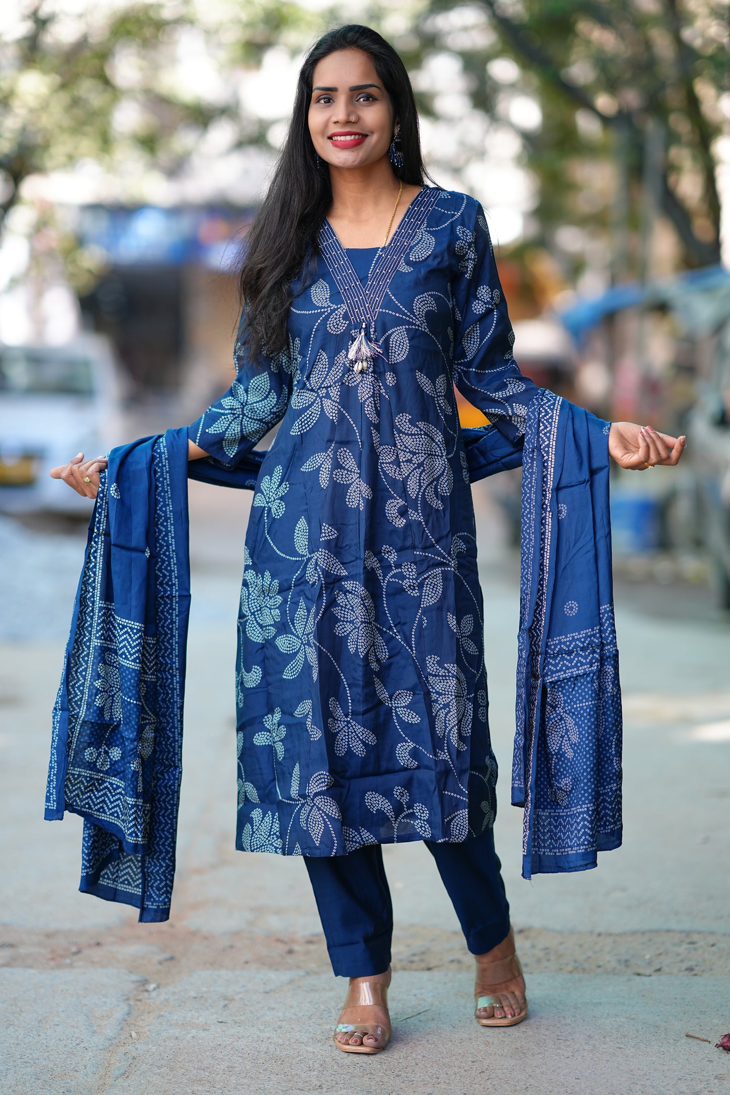 Blue Color Pure Viscose Fabric Anarkali 3 Piece Set