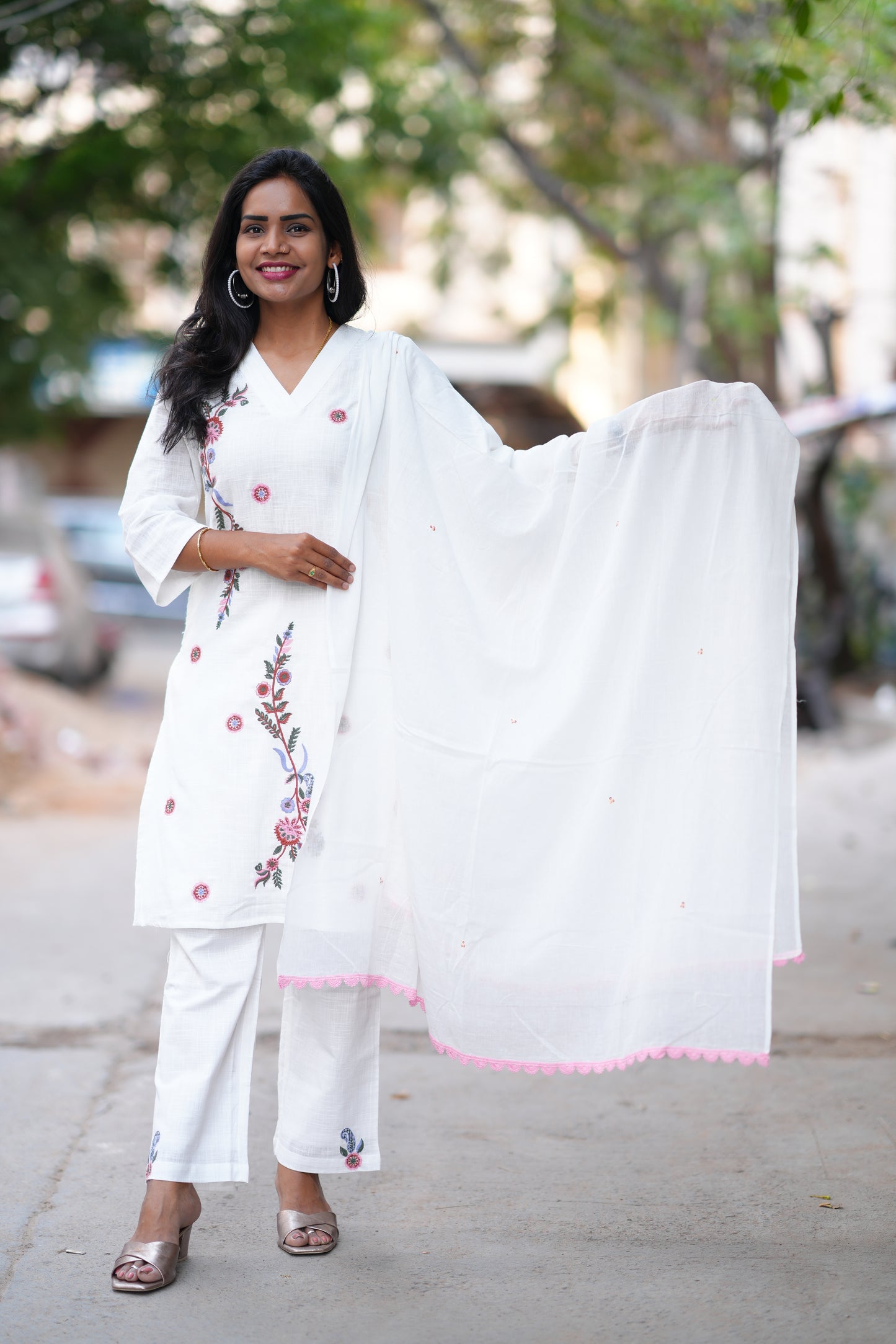 White Color Slub Cotton 3 Piece Set With Embroidery Work and Complete Lining