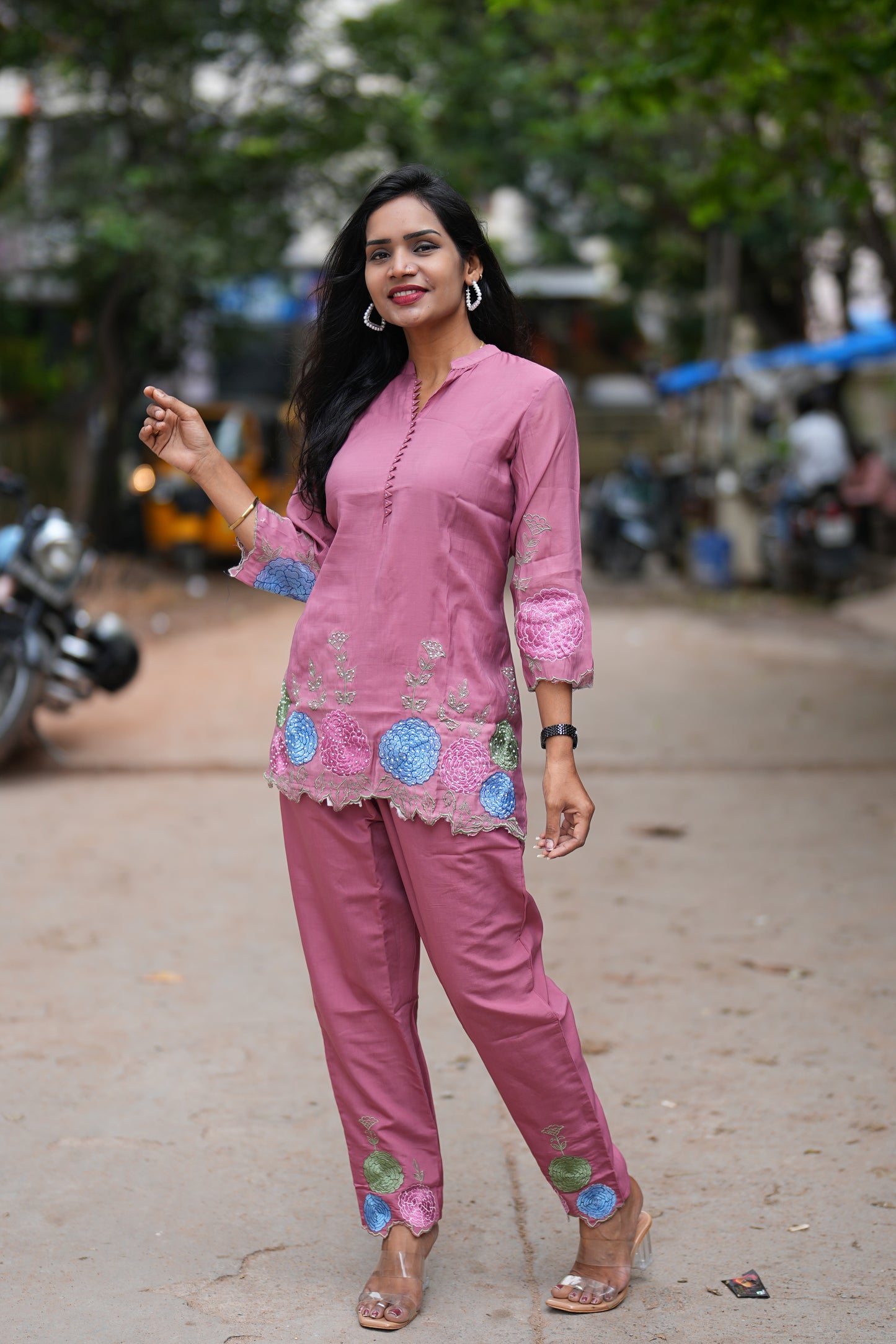 Light Maroon Color Designer Wear Mul Chanderi Cord Set