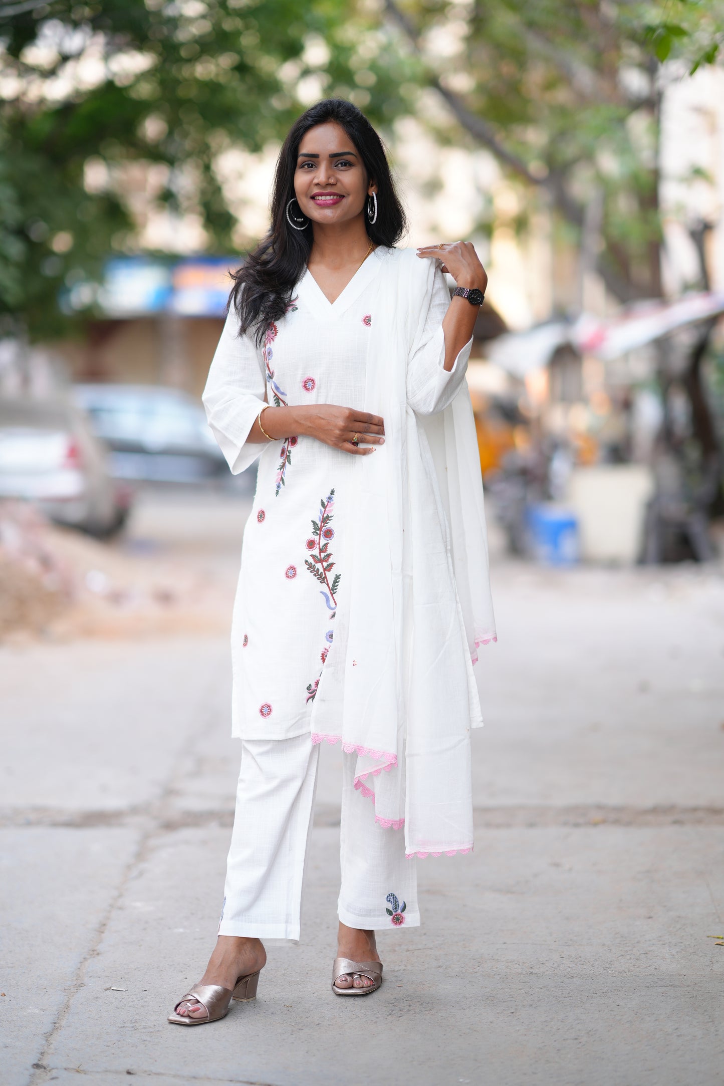 White Color Slub Cotton 3 Piece Set With Embroidery Work and Complete Lining