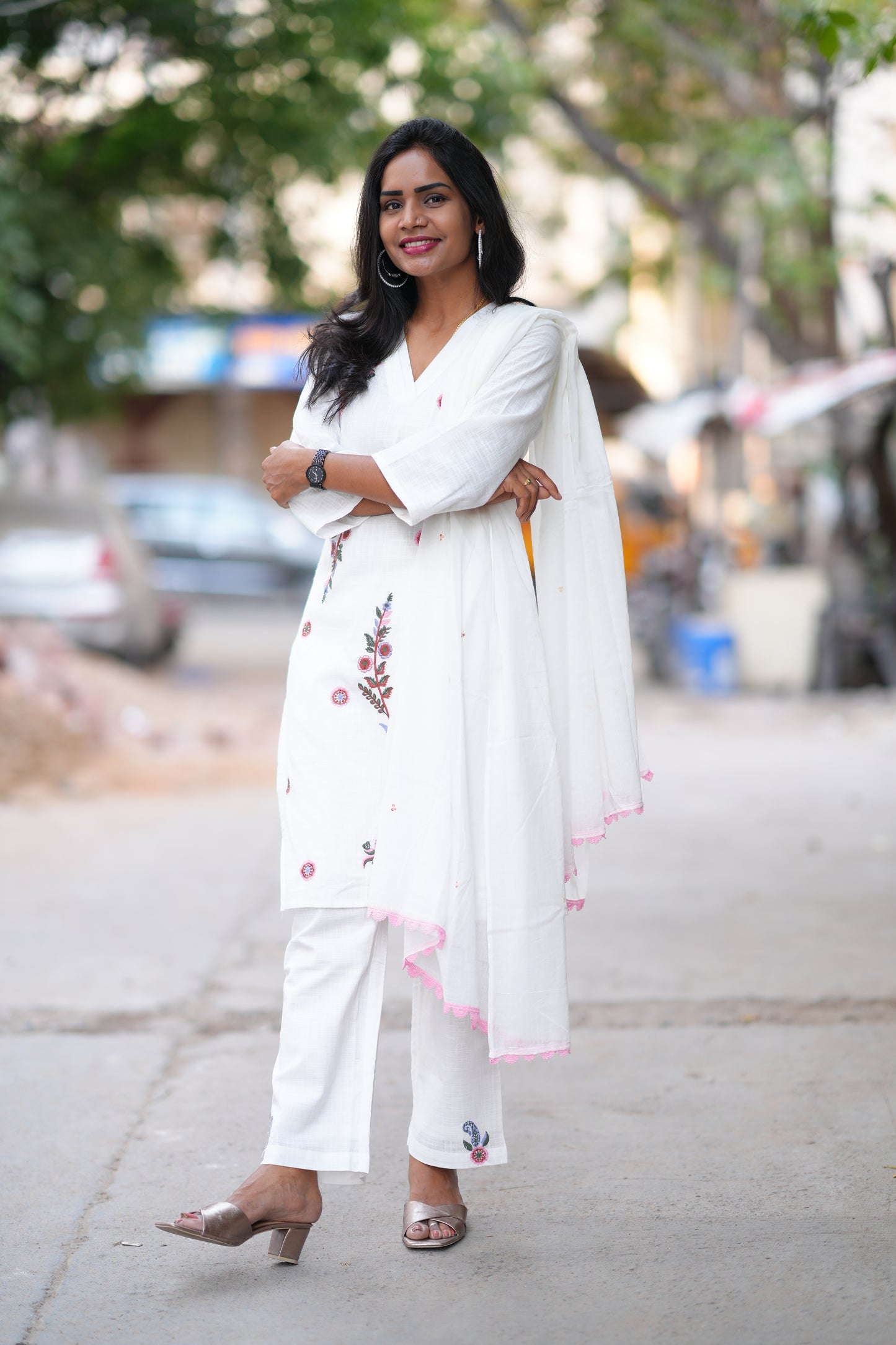 White Color Slub Cotton 3 Piece Set With Embroidery Work and Complete Lining