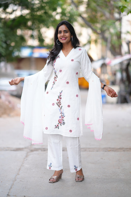 White Color Slub Cotton 3 Piece Set With Embroidery Work and Complete Lining