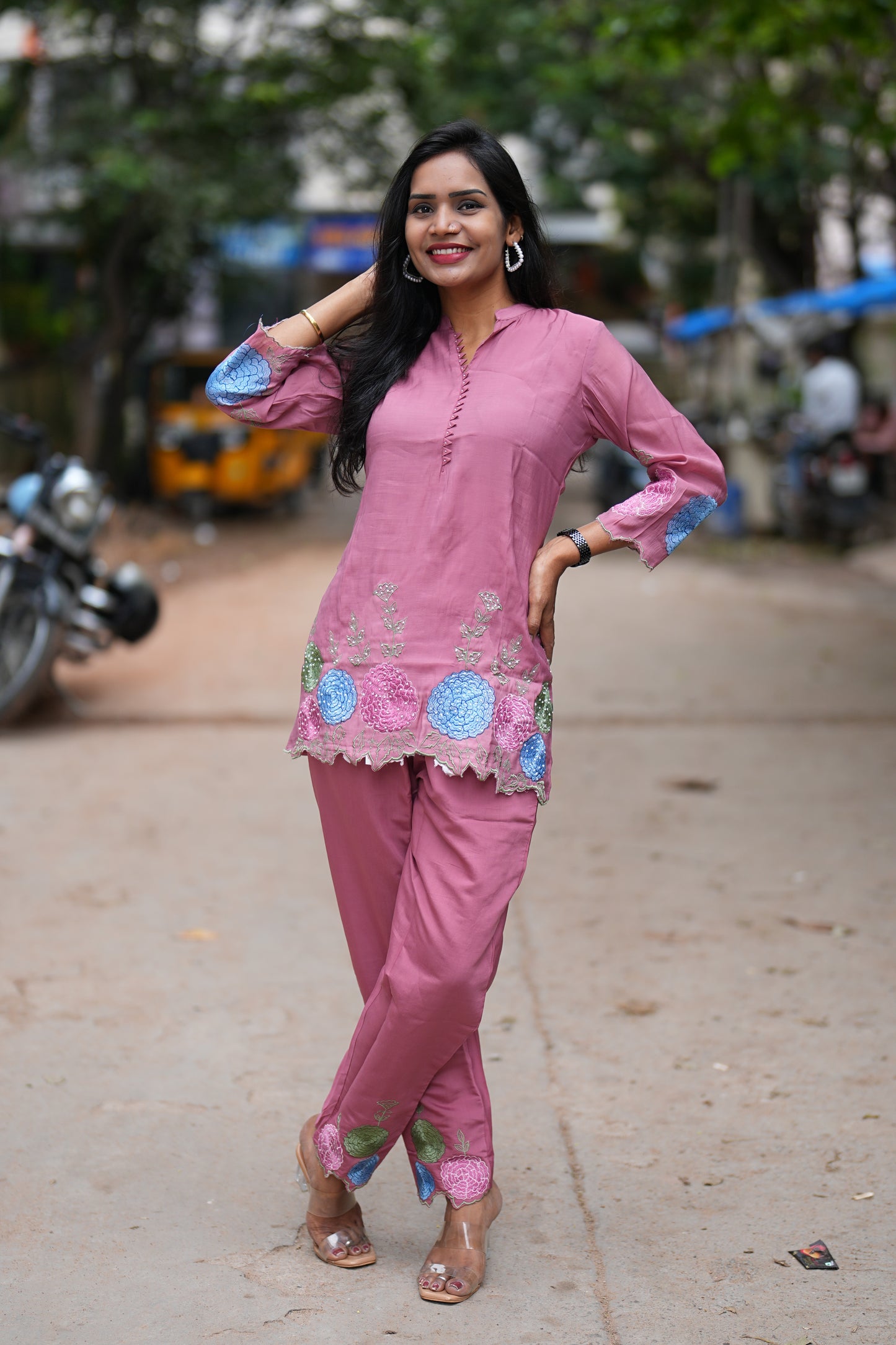 Light Maroon Color Designer Wear Mul Chanderi Cord Set