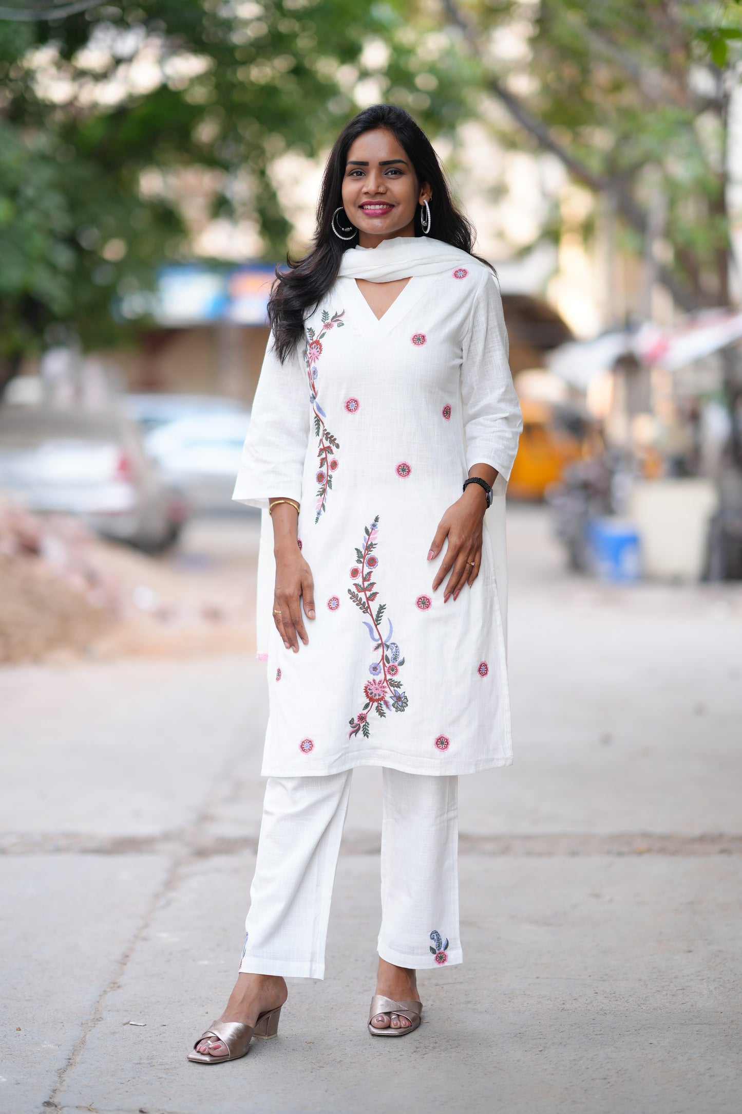 White Color Slub Cotton 3 Piece Set With Embroidery Work and Complete Lining