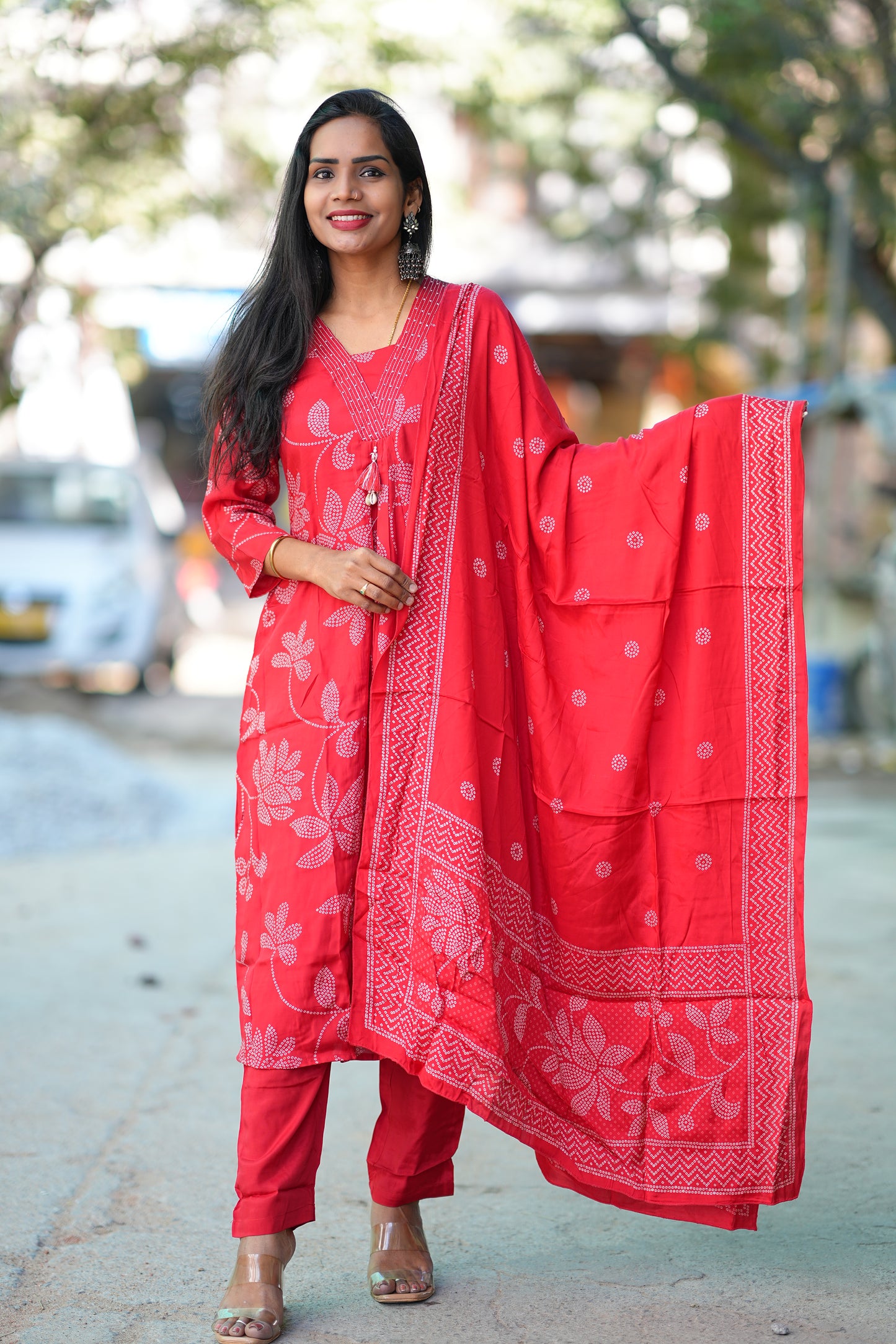 Red Color Pure Viscose Fabric Anarkali 3 Piece Set