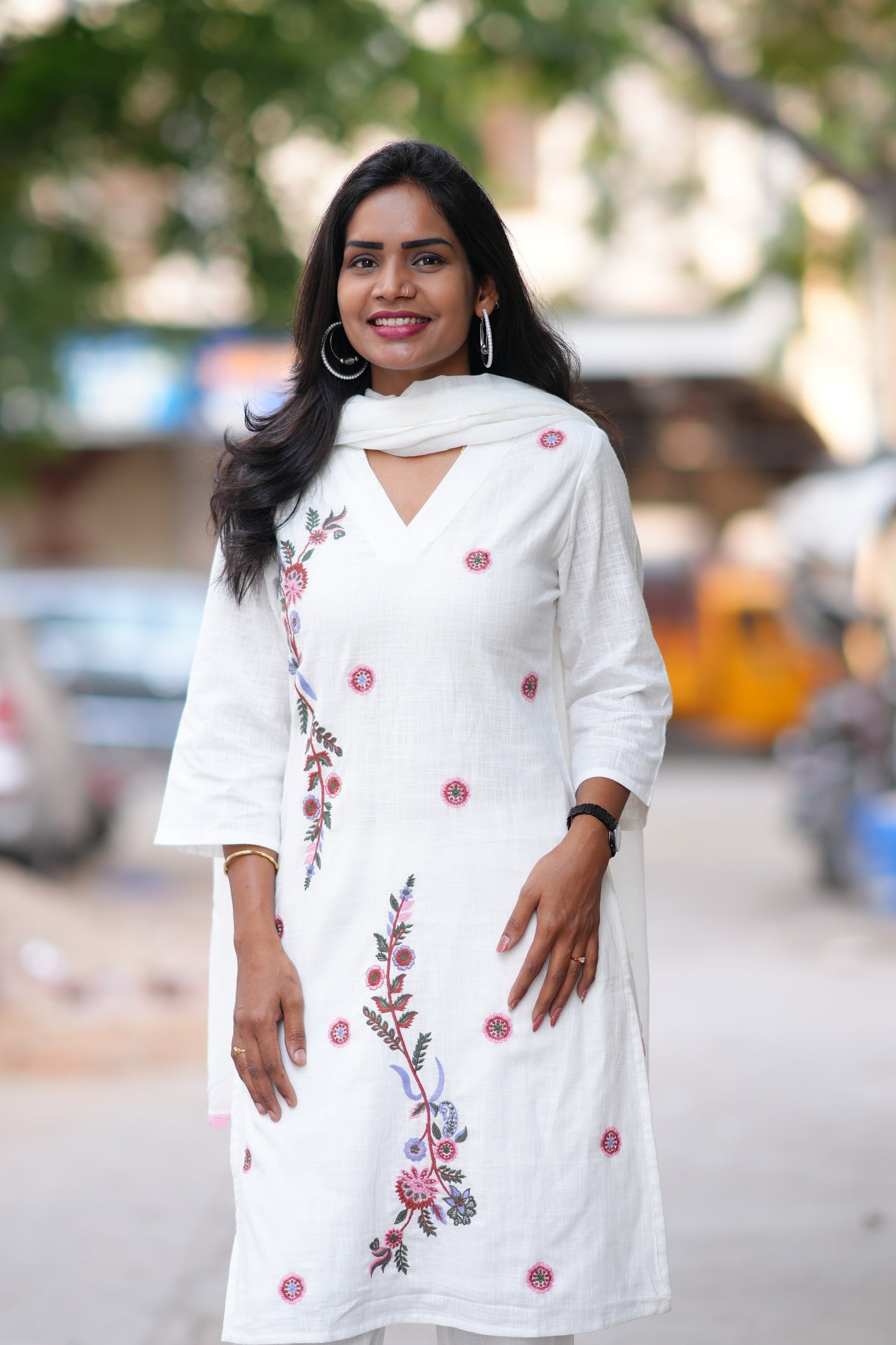 White Color Slub Cotton 3 Piece Set With Embroidery Work and Complete Lining
