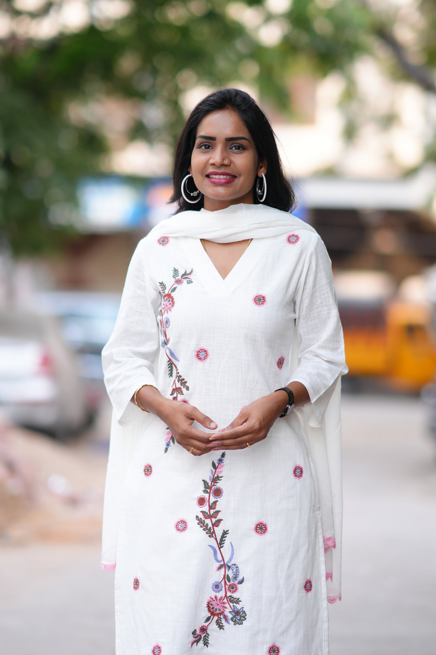 White Color Slub Cotton 3 Piece Set With Embroidery Work and Complete Lining