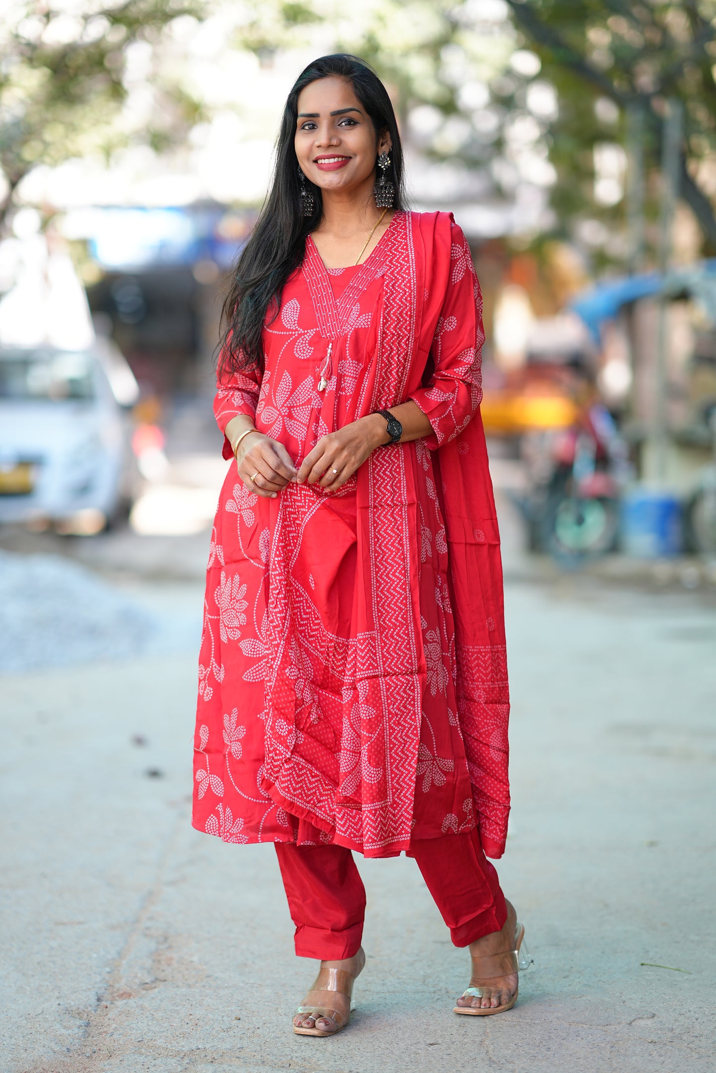 Red Color Pure Viscose Fabric Anarkali 3 Piece Set