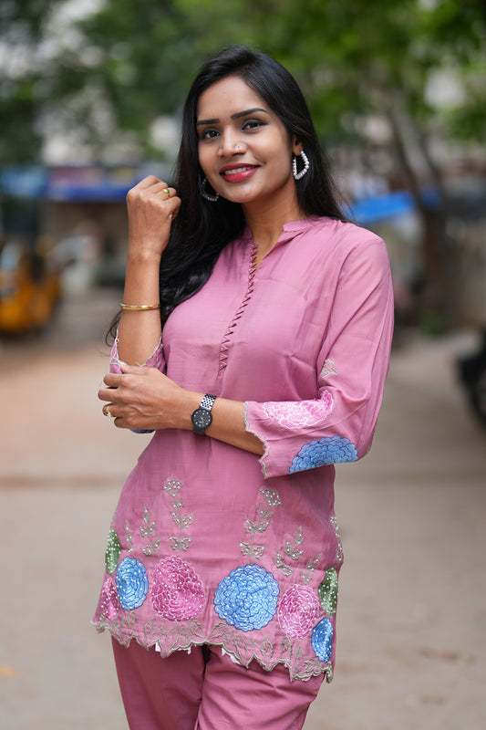 Light Maroon Color Designer Wear Mul Chanderi Cord Set
