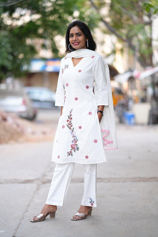 White Color Slub Cotton 3 Piece Set With Embroidery Work and Complete Lining