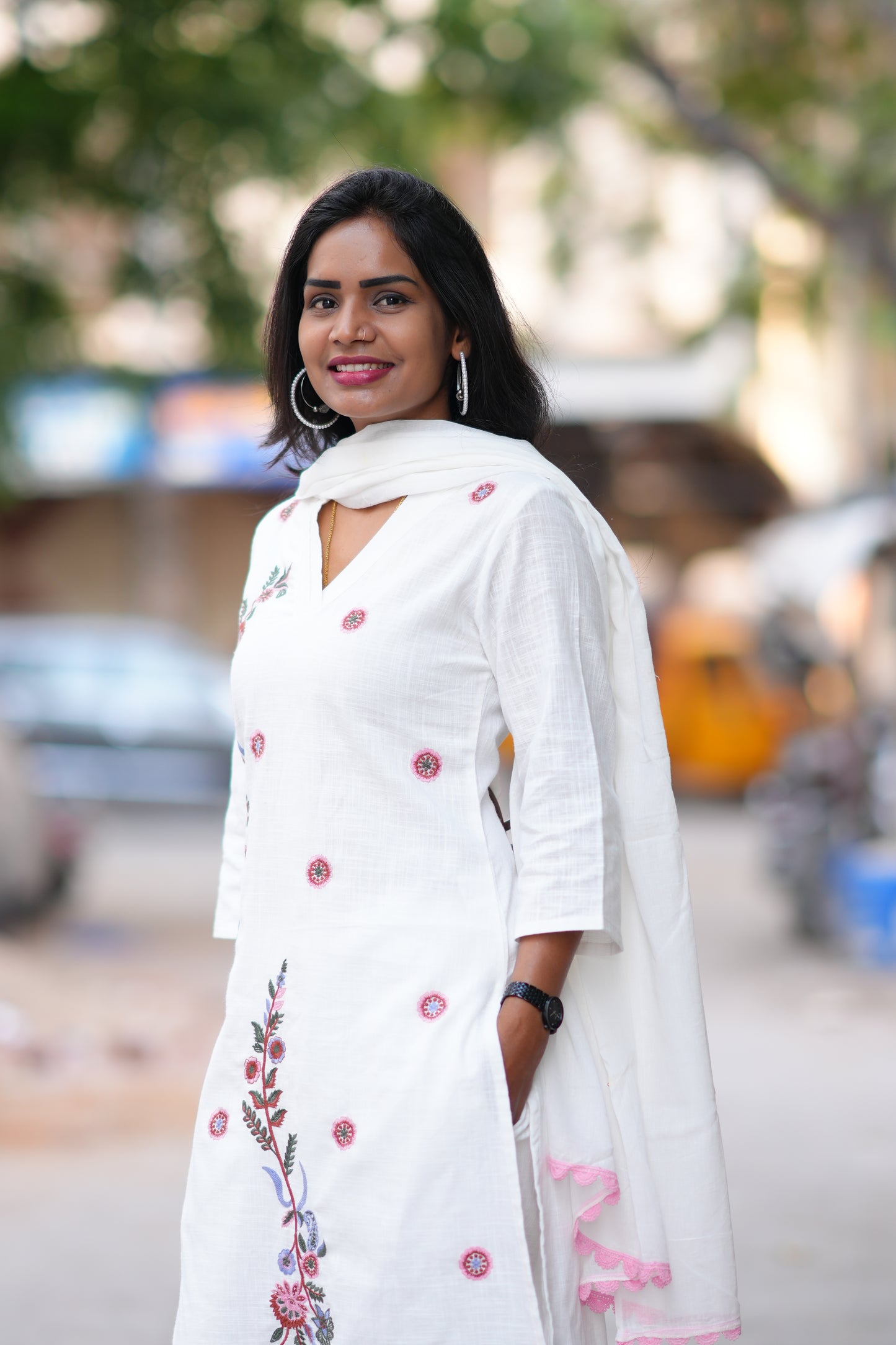 White Color Slub Cotton 3 Piece Set With Embroidery Work and Complete Lining