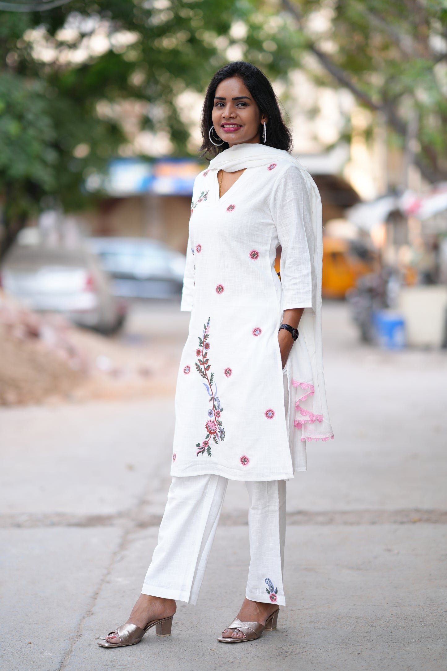 White Color Slub Cotton 3 Piece Set With Embroidery Work and Complete Lining