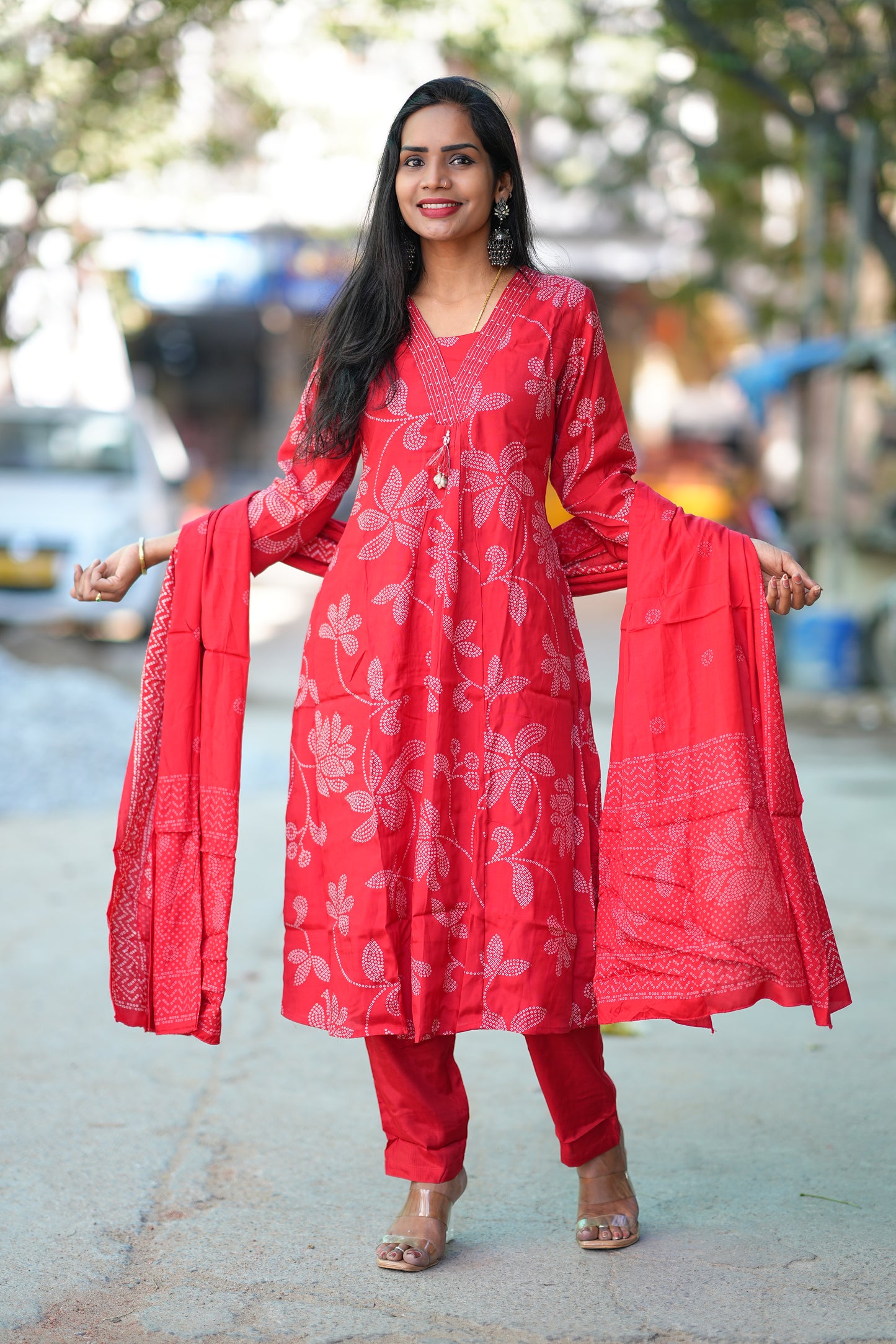 Red Color Pure Viscose Fabric Anarkali 3 Piece Set