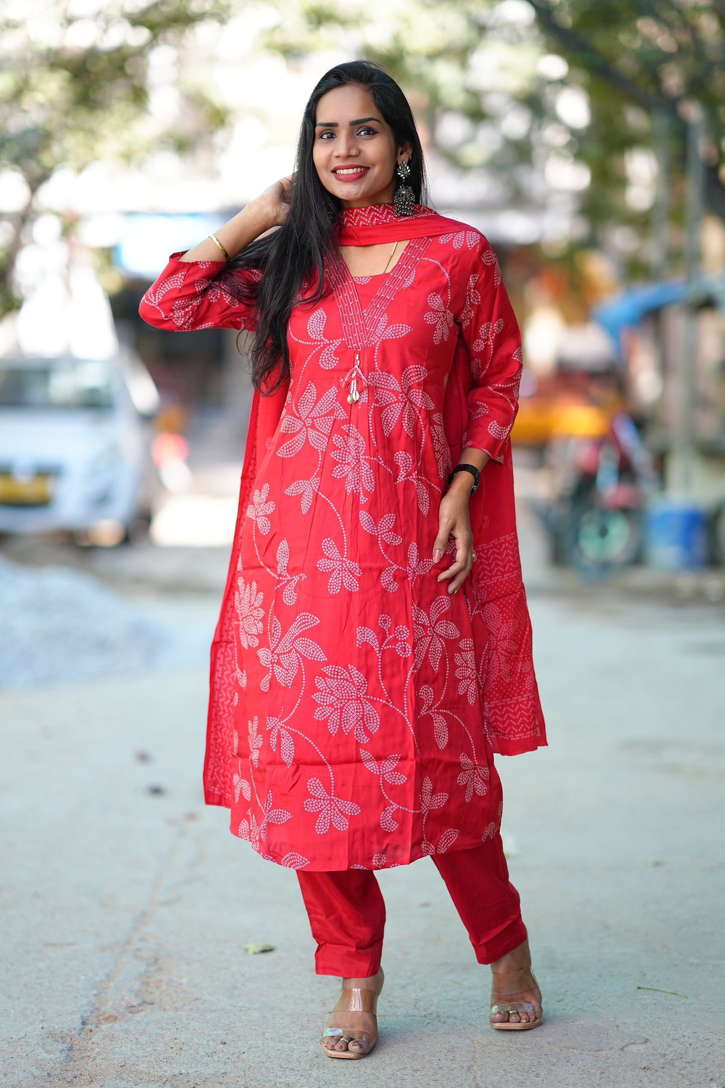 Red Color Pure Viscose Fabric Anarkali 3 Piece Set