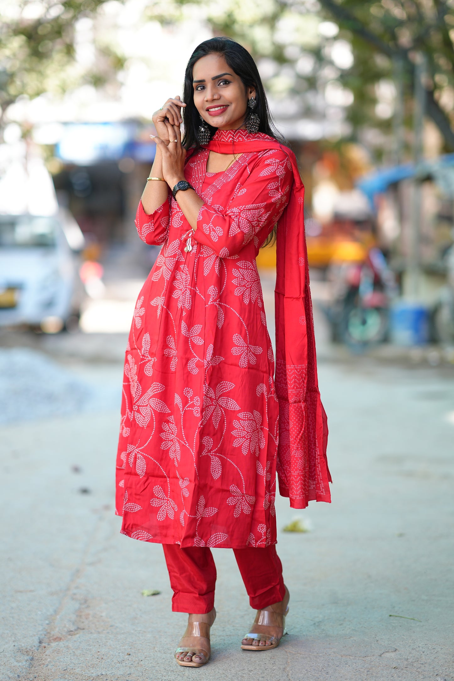 Red Color Pure Viscose Fabric Anarkali 3 Piece Set