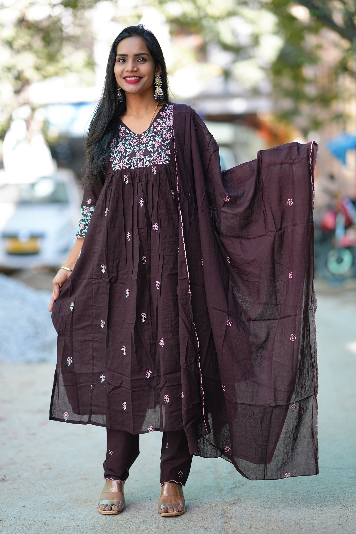 Brown Jaipur Cotton Desiner 3 Piece Set with embriodary work and complete Lining