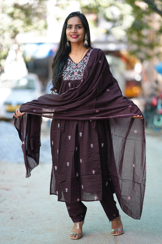 Coffee Brown Color Jaipur Cotton 3 Piece Set With Embroidery Work and complete Lining
