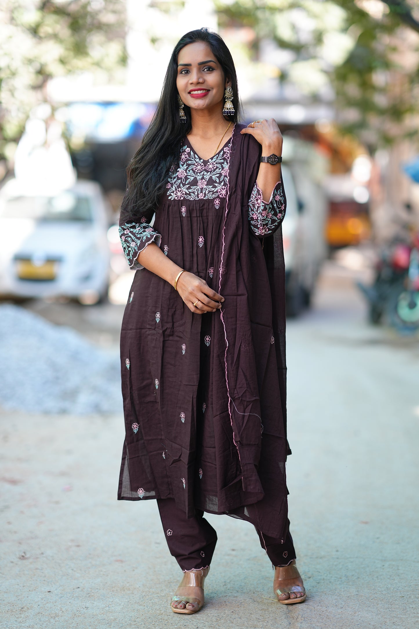 Brown Jaipur Cotton Desiner 3 Piece Set with embriodary work and complete Lining