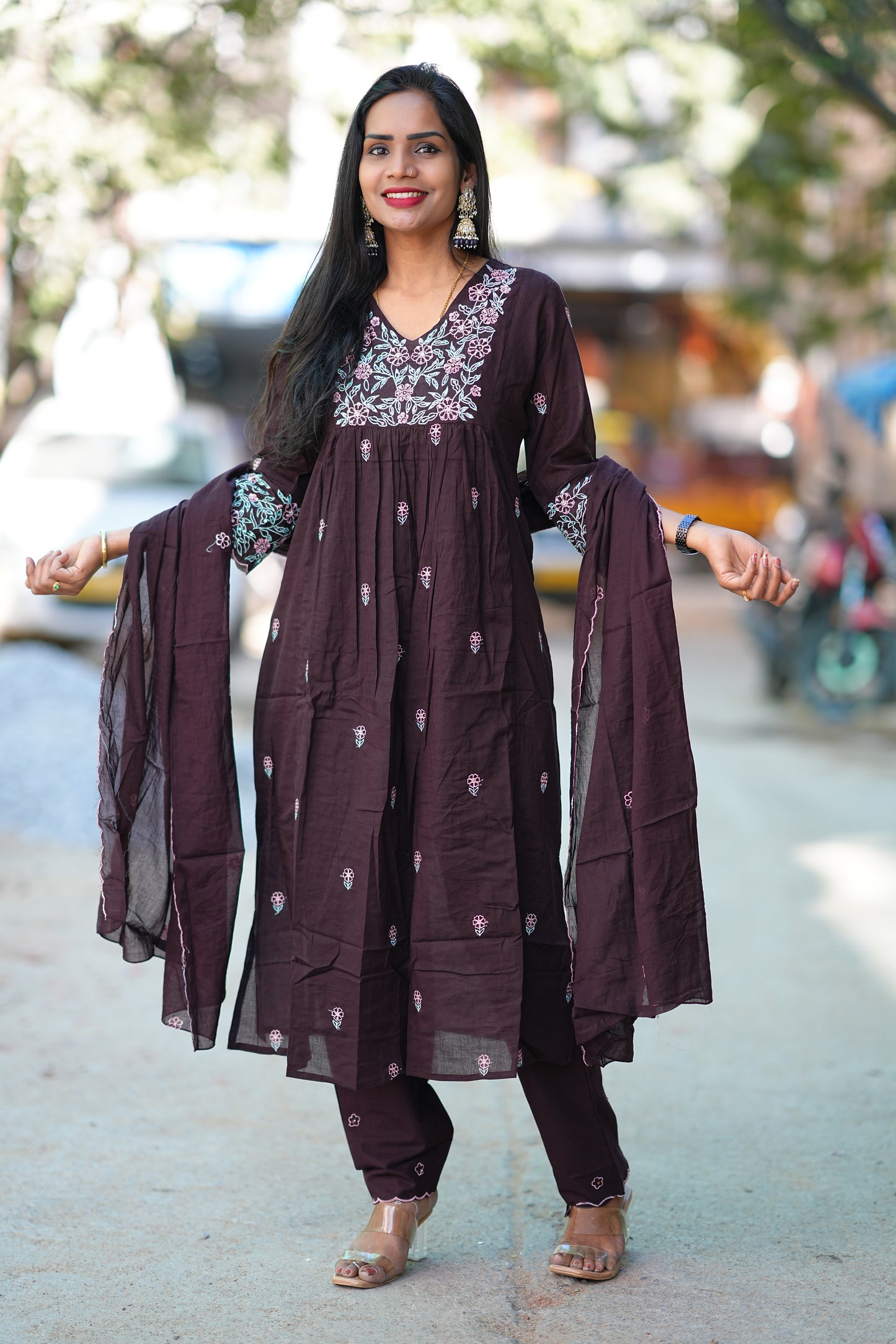 Coffee Brown Color Jaipur Cotton 3 Piece Set With Embroidery Work and complete Lining