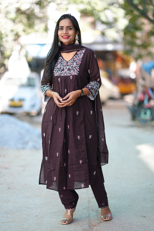 Coffee Brown Color Jaipur Cotton 3 Piece Set With Embroidery Work and complete Lining