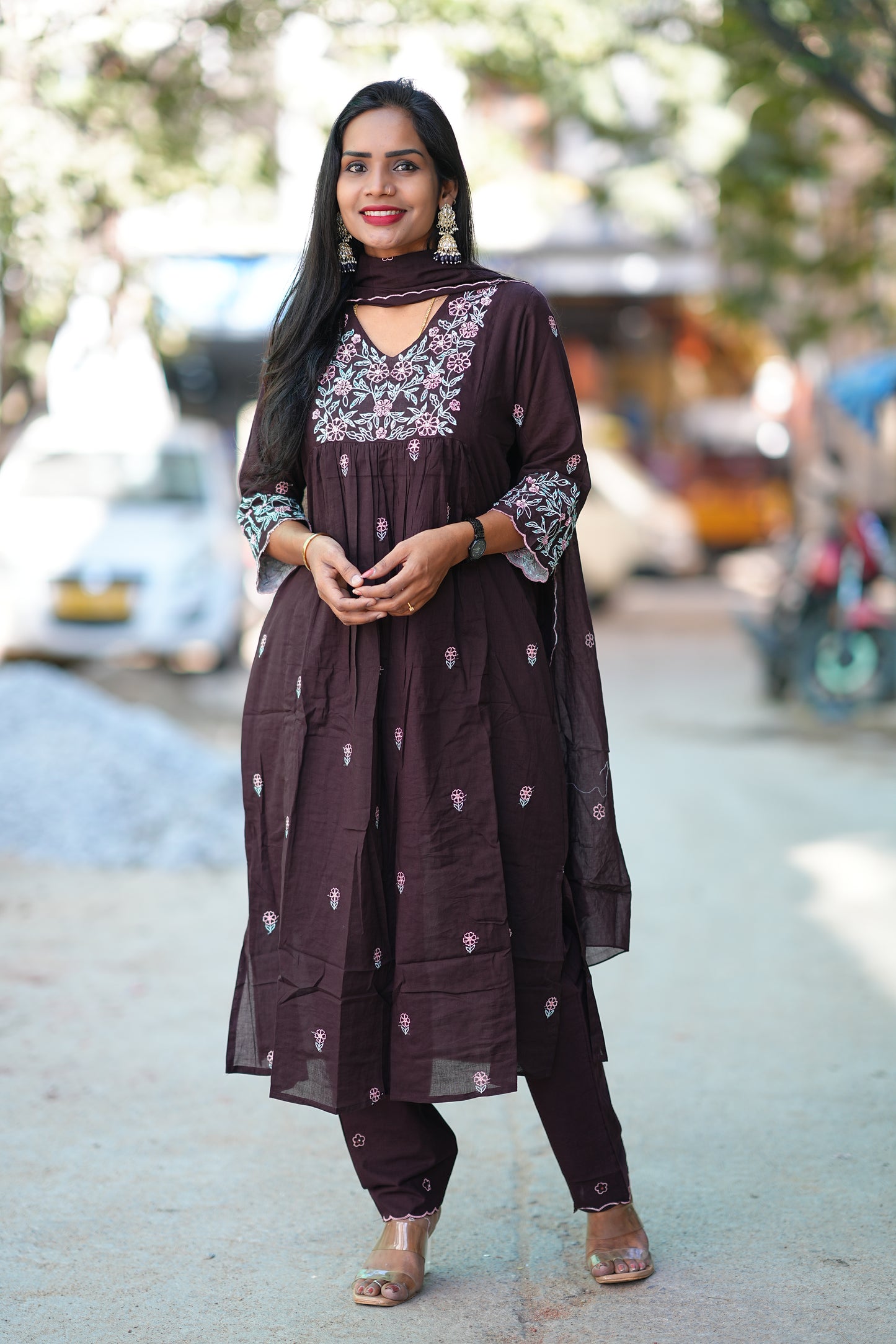 Brown Jaipur Cotton Desiner 3 Piece Set with embriodary work and complete Lining