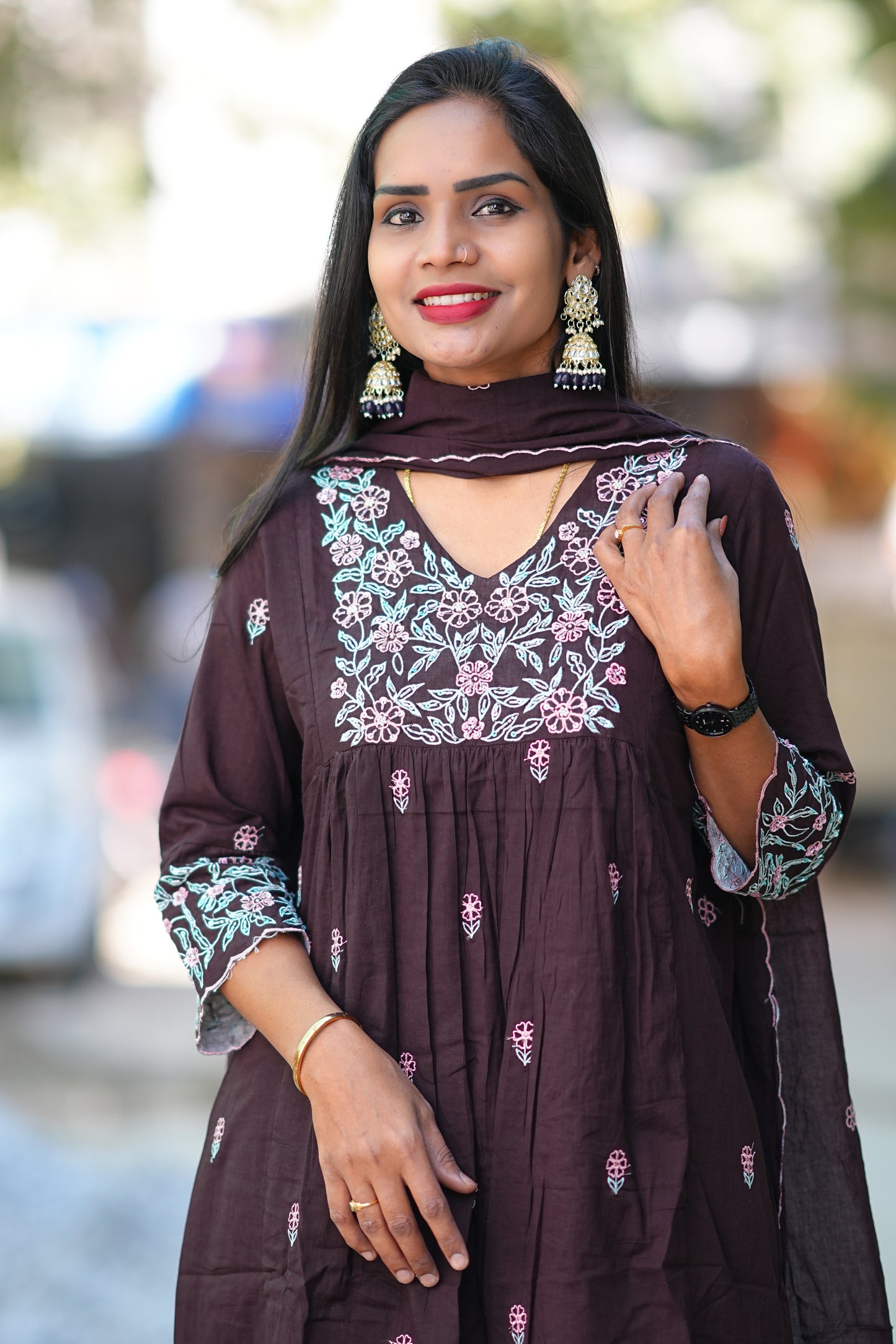 Brown Jaipur Cotton Desiner 3 Piece Set with embriodary work and complete Lining
