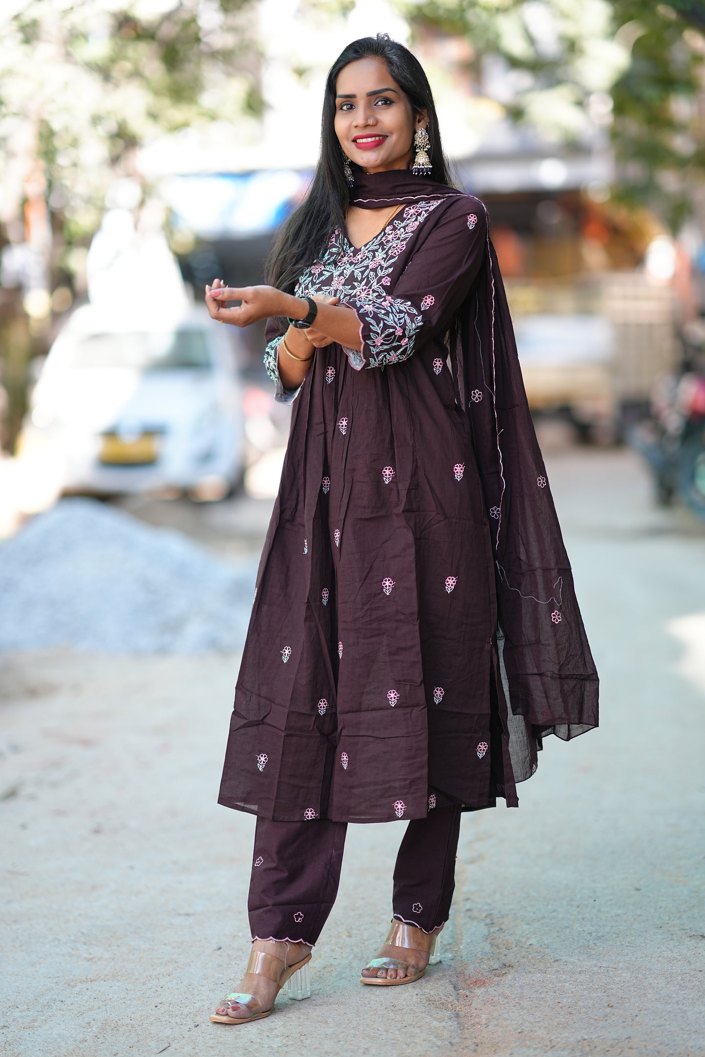 Brown Jaipur Cotton Desiner 3 Piece Set with embriodary work and complete Lining