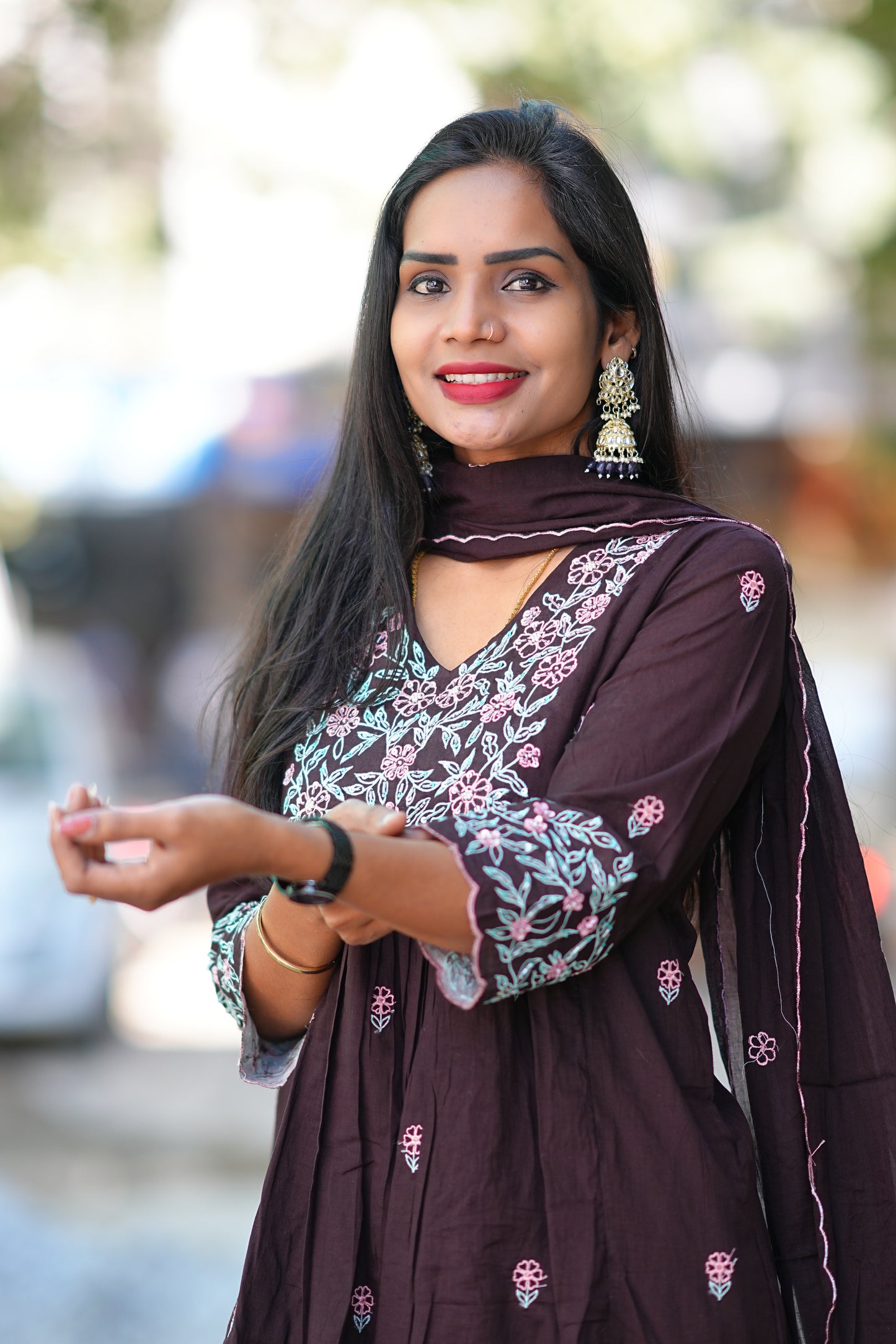 Brown Jaipur Cotton Desiner 3 Piece Set with embriodary work and complete Lining
