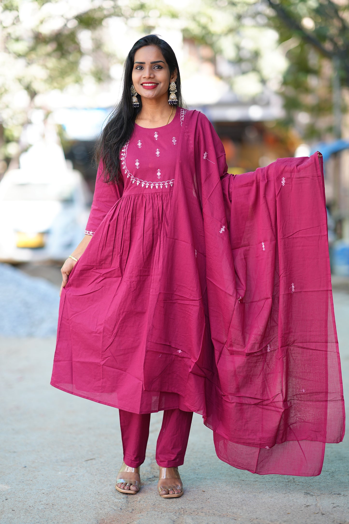 Pink Color Pure 92.5 thread Count Jaipur Cotton Anarkali 3 Piece Set