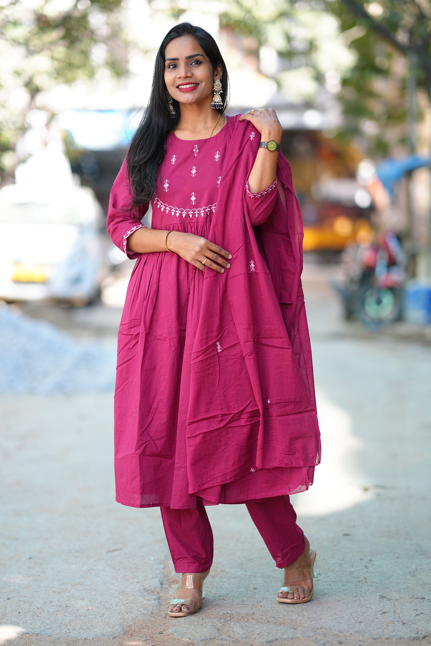 Pink Color Pure 92.5 thread Count Jaipur Cotton Anarkali 3 Piece Set