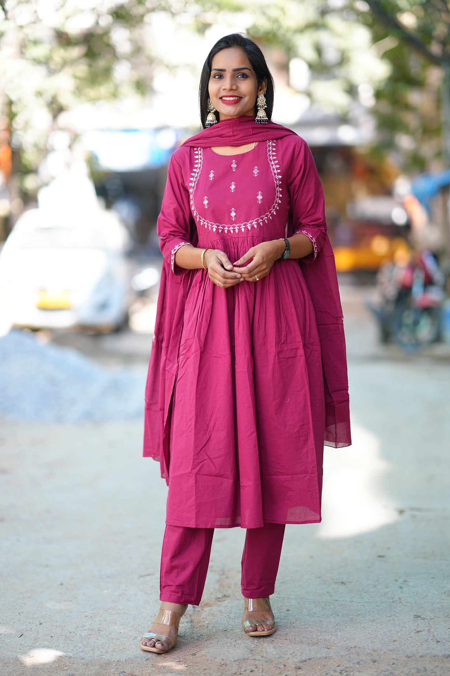 Pink Color Pure 92.5 thread Count Jaipur Cotton Anarkali 3 Piece Set