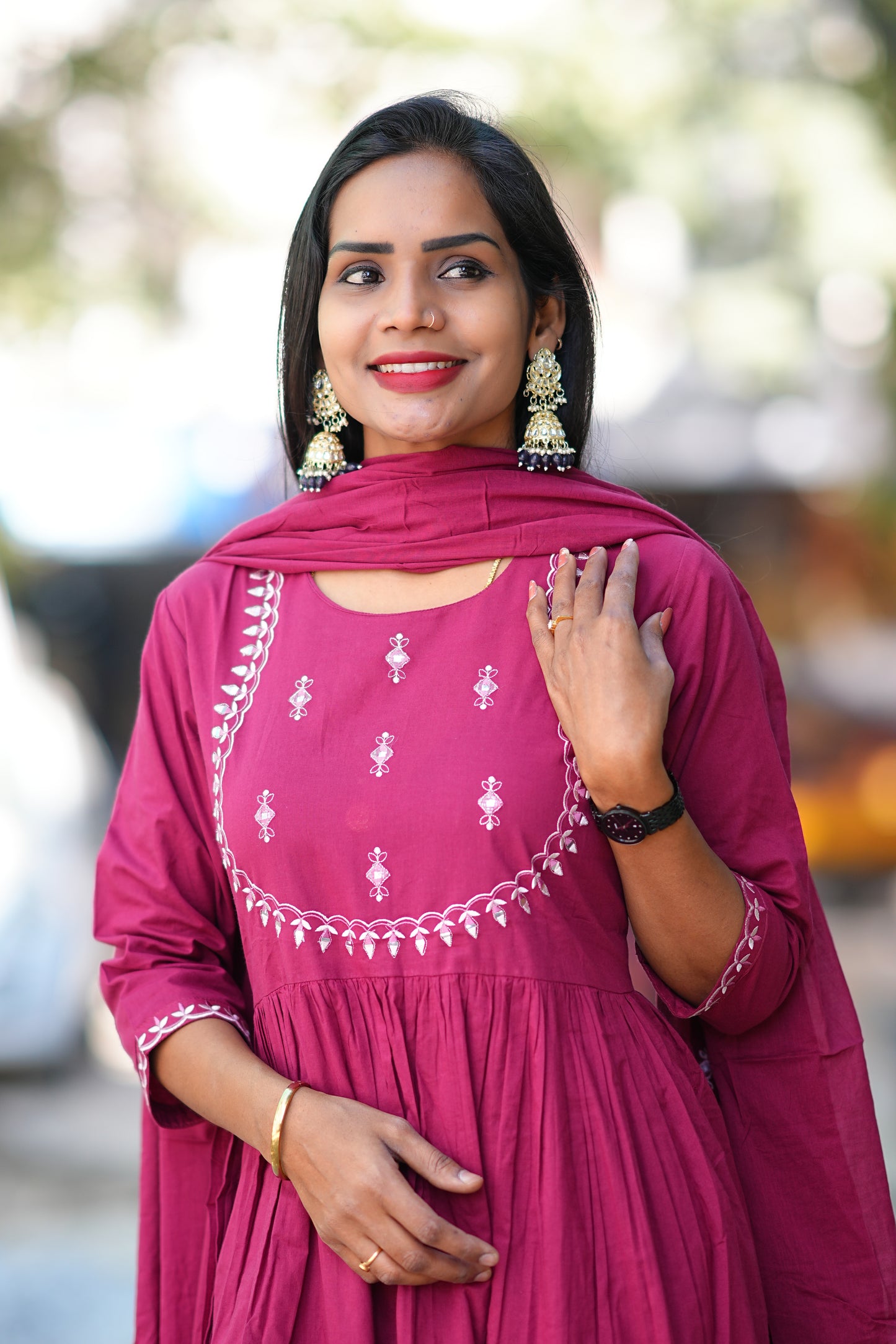 Pink Color Pure 92.5 thread Count Jaipur Cotton Anarkali 3 Piece Set