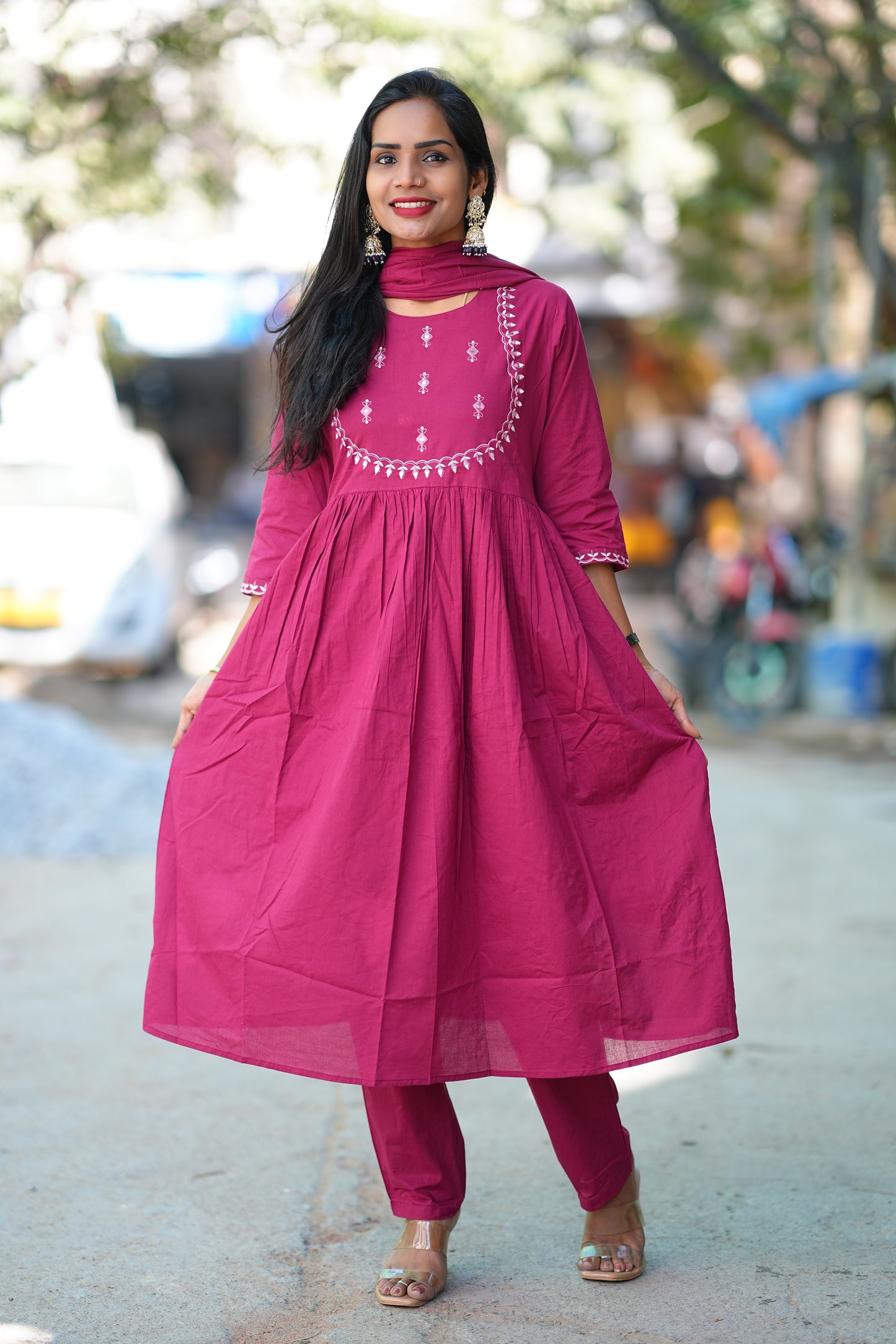 Pink Color Pure 92.5 thread Count Jaipur Cotton Anarkali 3 Piece Set