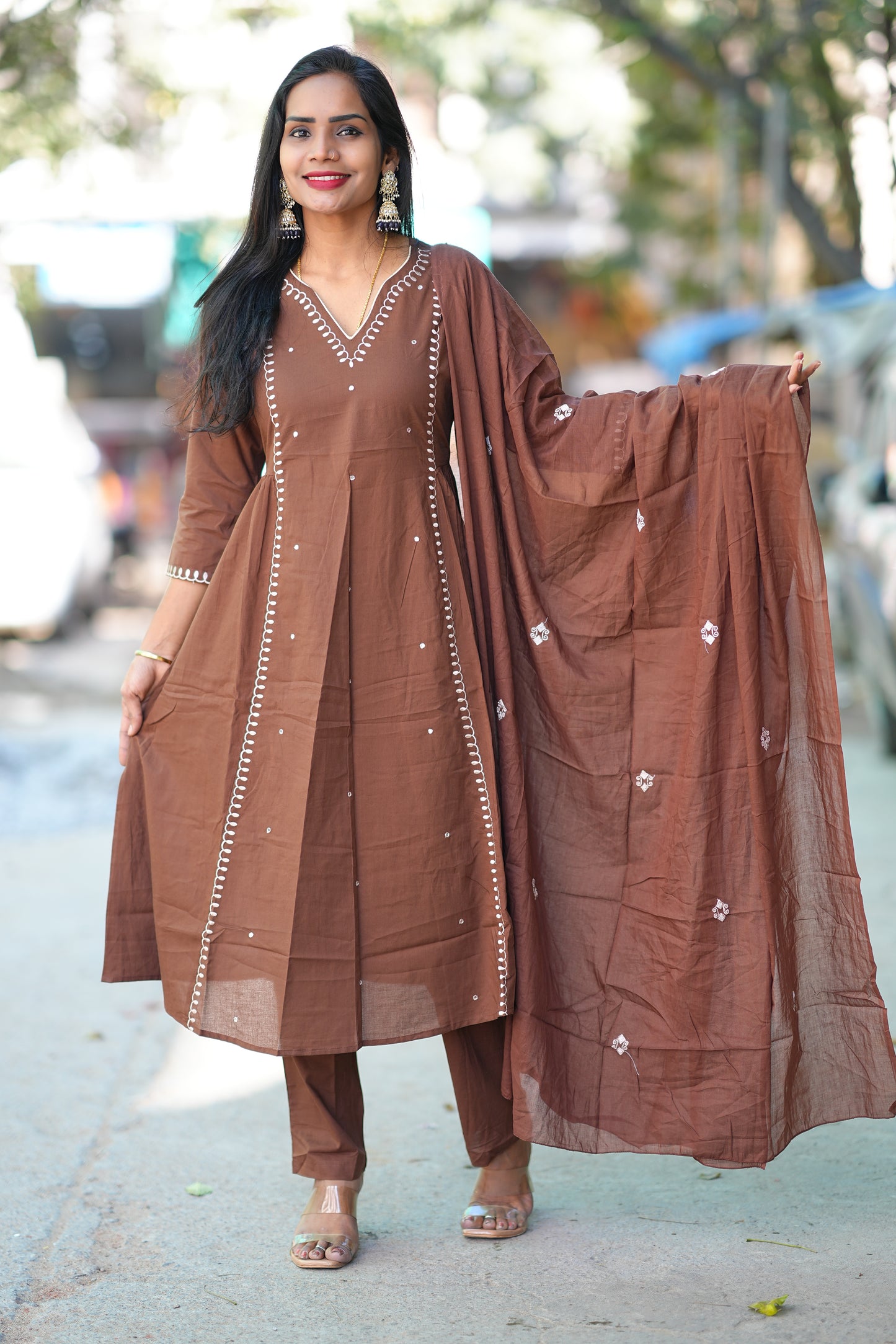 Light Brown Color Pure 92.5 thread Count Jaipur Cotton Anarkali 3 Piece Set