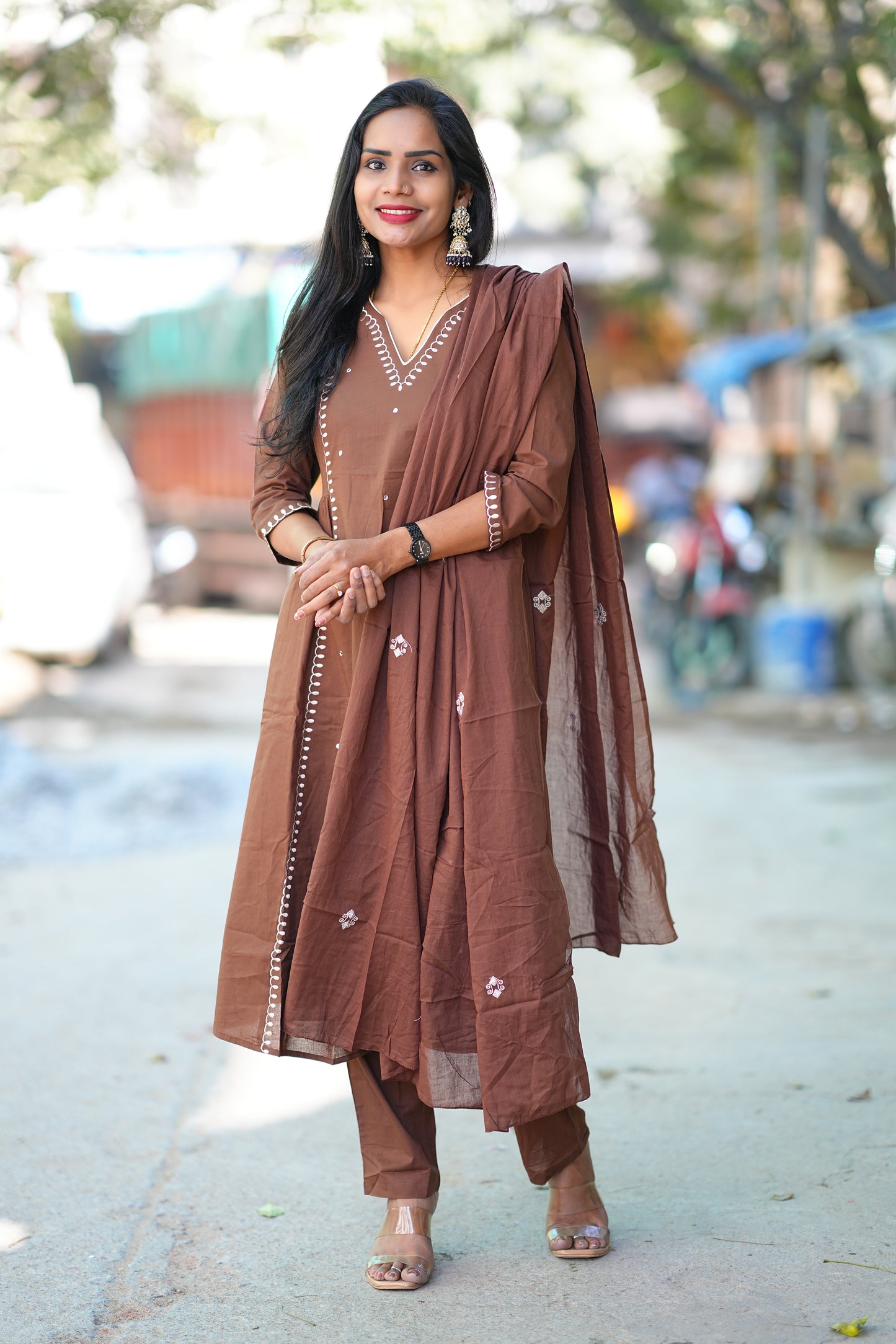 Light Brown Color Pure 92.5 thread Count Jaipur Cotton Anarkali 3 Piece Set