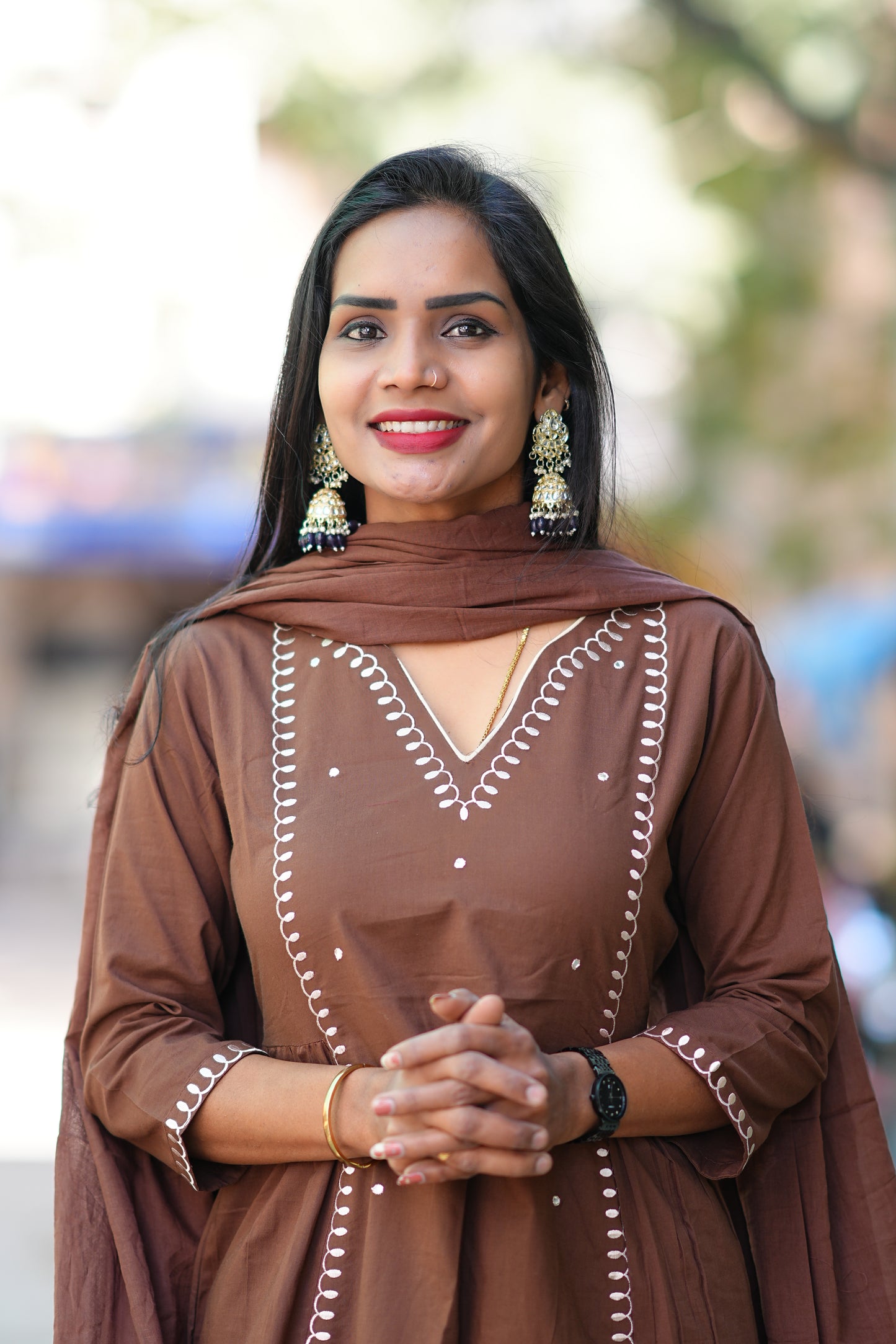 Light Brown Color Pure 92.5 thread Count Jaipur Cotton Anarkali 3 Piece Set