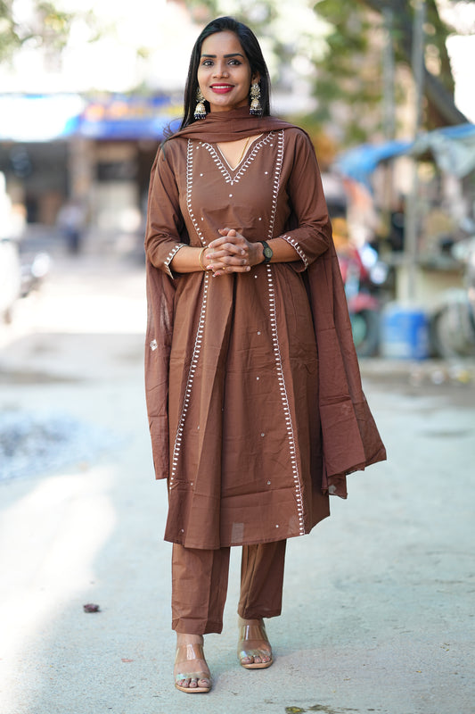 Light Brown Color Pure 92.5 thread Count Jaipur Cotton Anarkali 3 Piece Set