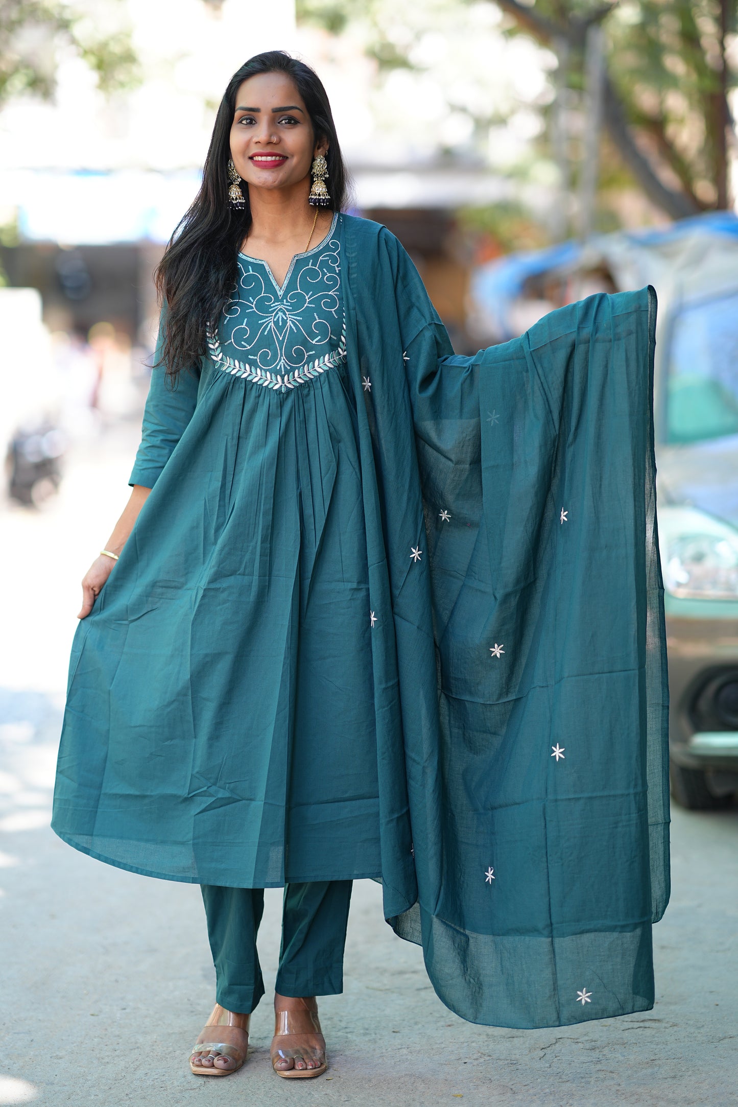 Teal Green Festive Wear 3 Piece Set in 92.5 Jaipur Cotton