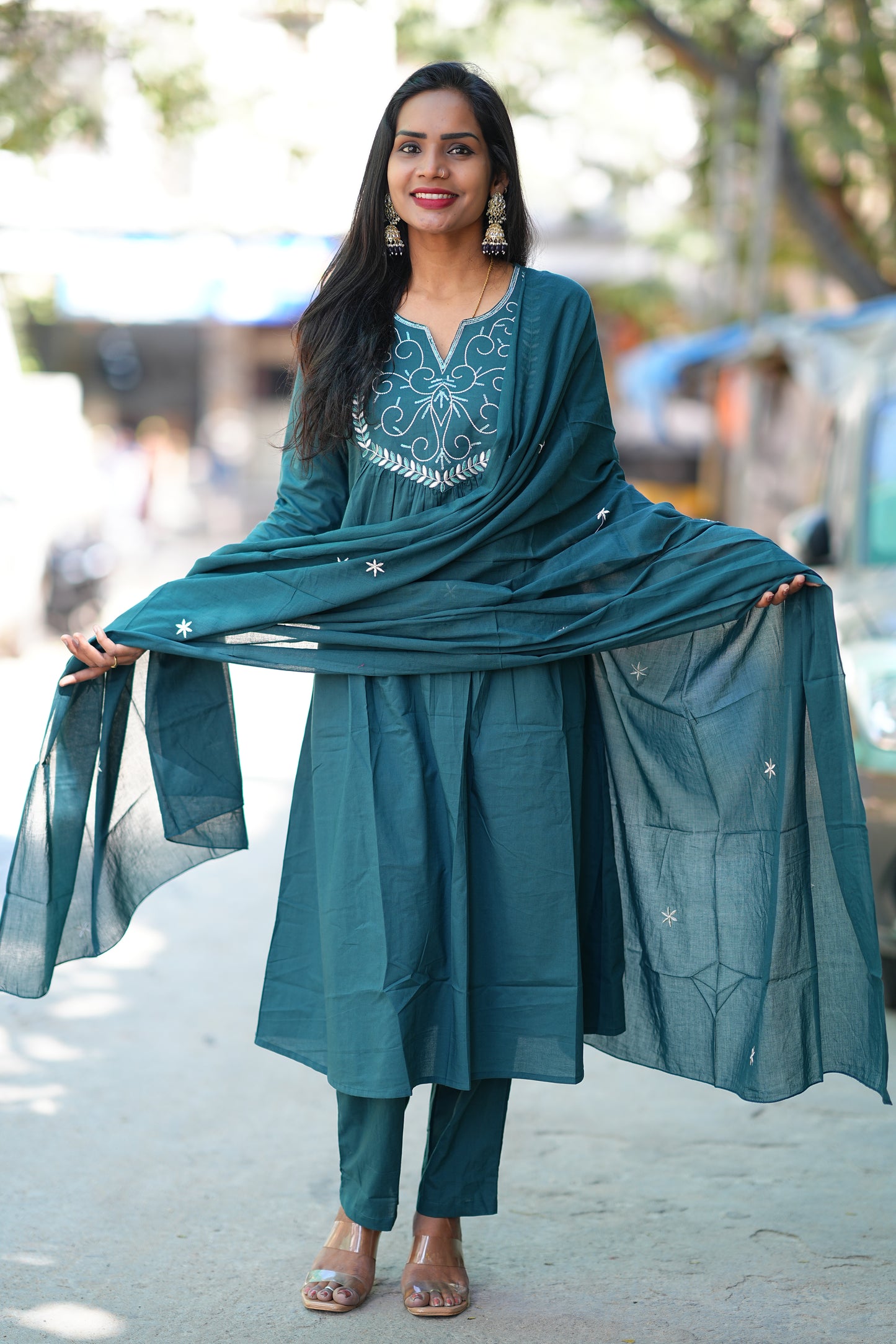 Teal Green Festive Wear 3 Piece Set in 92.5 Jaipur Cotton