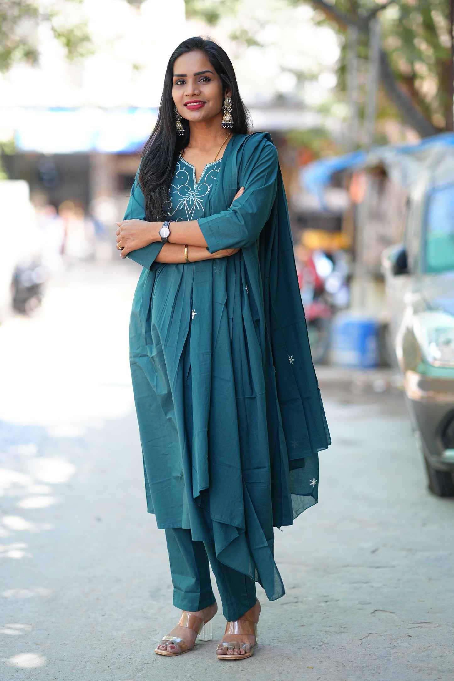 Teal Green Festive Wear 3 Piece Set in 92.5 Jaipur Cotton