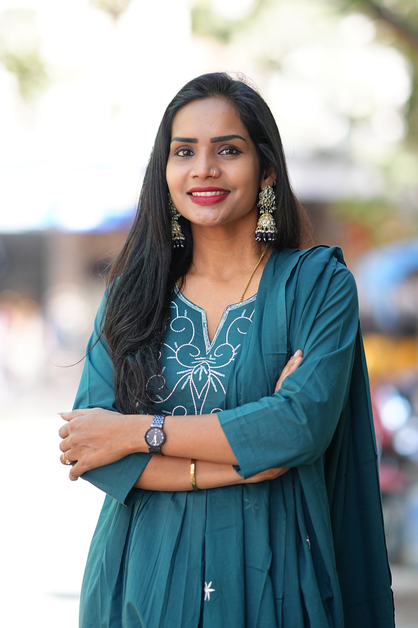 Teal Green Festive Wear 3 Piece Set in 92.5 Jaipur Cotton