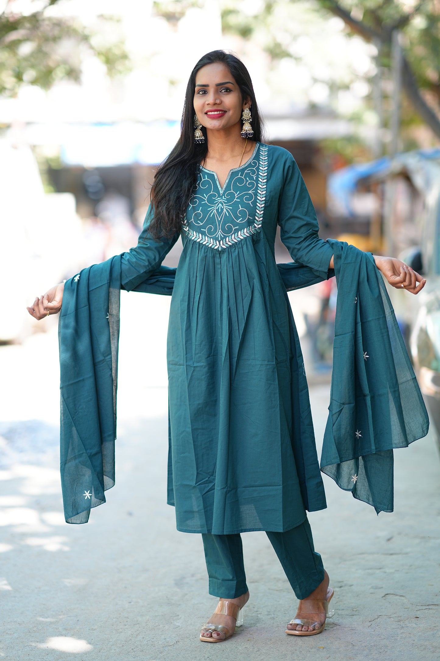 Teal Green Festive Wear 3 Piece Set in 92.5 Jaipur Cotton