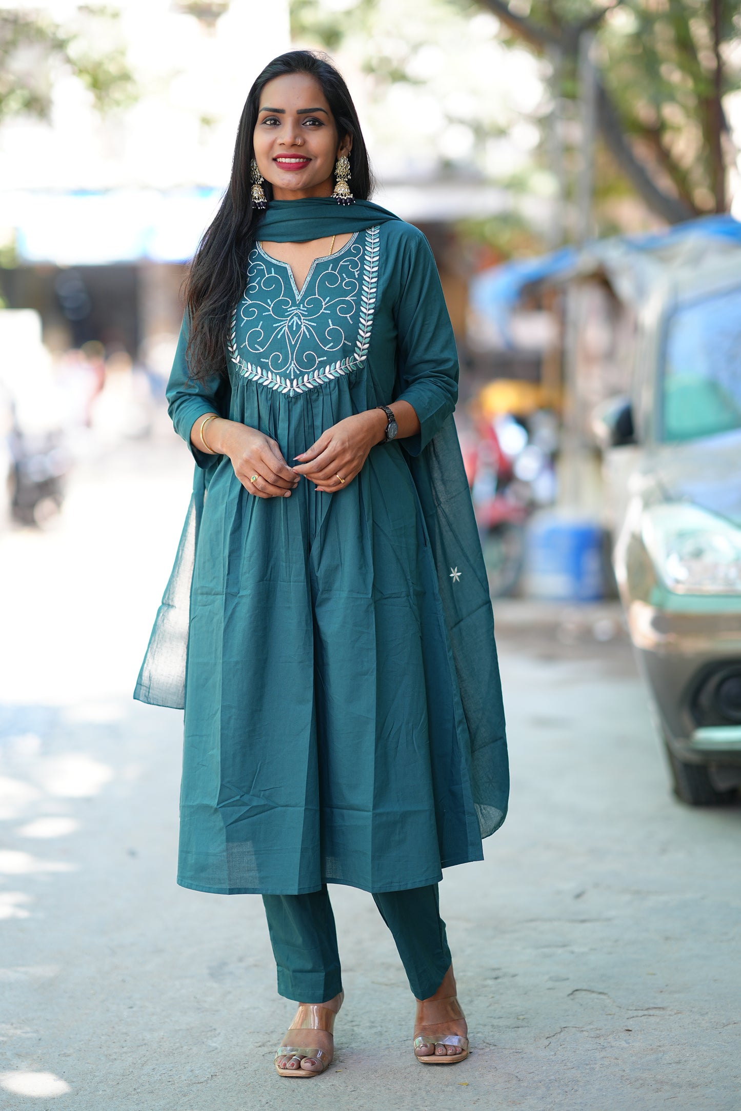 Teal Green Festive Wear 3 Piece Set in 92.5 Jaipur Cotton