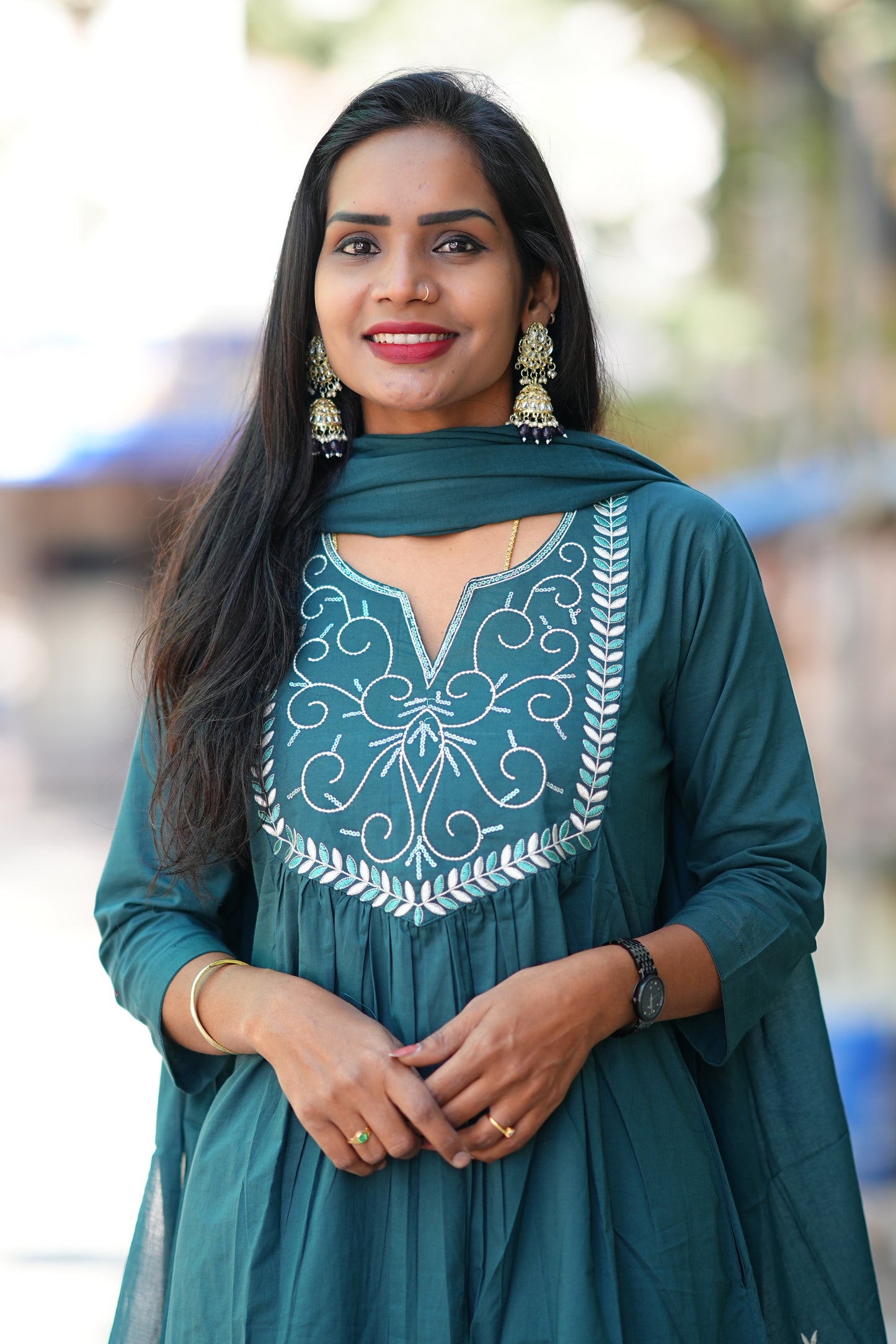 Teal Green Festive Wear 3 Piece Set in 92.5 Jaipur Cotton