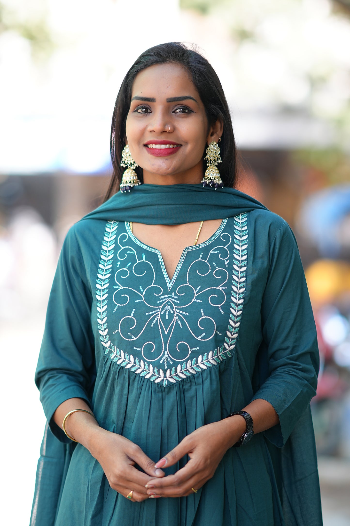 Teal Green Festive Wear 3 Piece Set in 92.5 Jaipur Cotton
